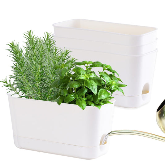 Oliz Self Watering Planters: 4 Packs Rectangular Plant Pots with with Drainage and Tray, 10 Inch Window Pot Self Watering Planter for Herb, Houseplants