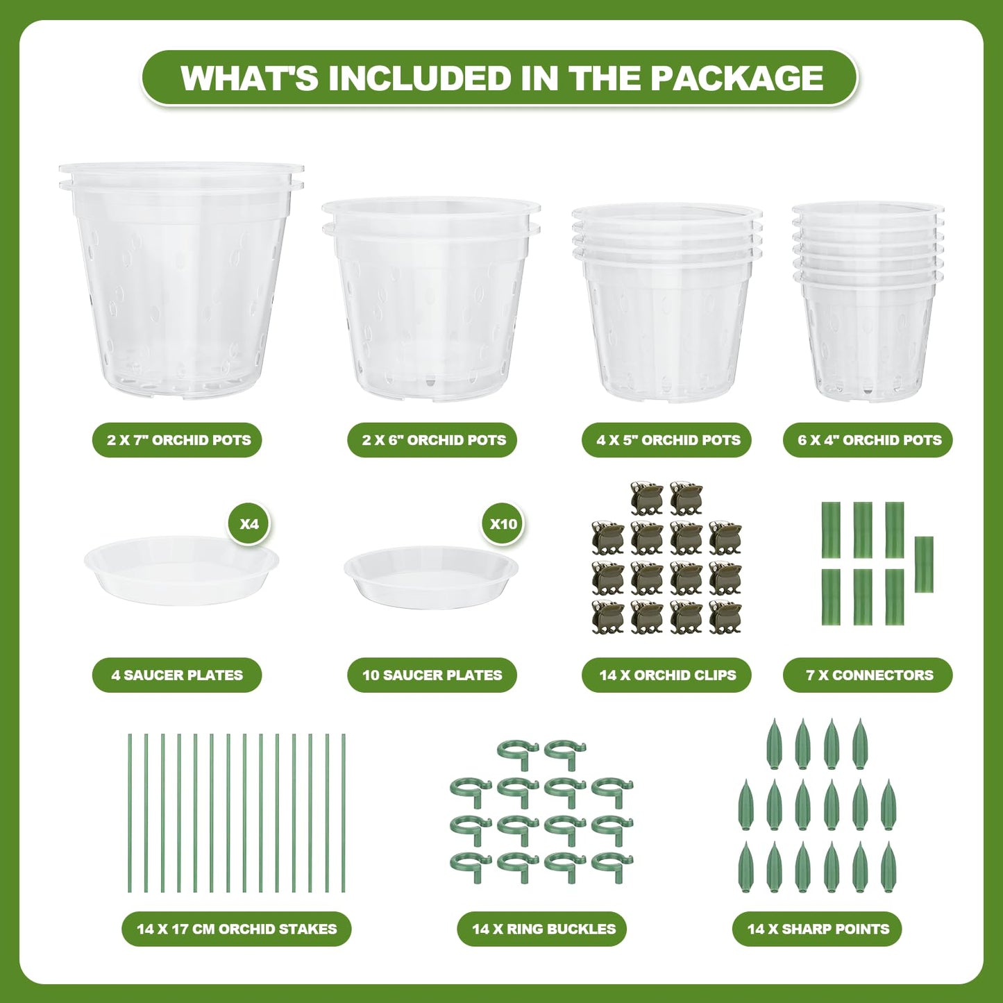 14 Pack Clear Orchid Pots with Holes, 4, 5, 6, 7 Inch Plastic Orchid Pot with Drainage for Repotting, Includes Saucers and Plant Stakes, Large Small Breathable Plant Pots for Indoor Outdoor Use