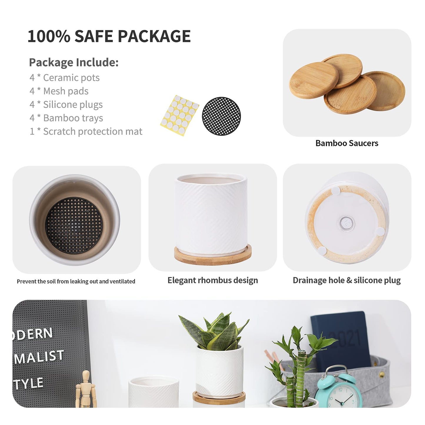4 Inch Ceramic Planter with Drainage Hole and Saucer, Geometry Design Succulent Plant Pots, Flower Pot for Indoor & Outdoor Snake Plant Succulent Cactus & Herbs, Set of 4 (Plants Not Included )