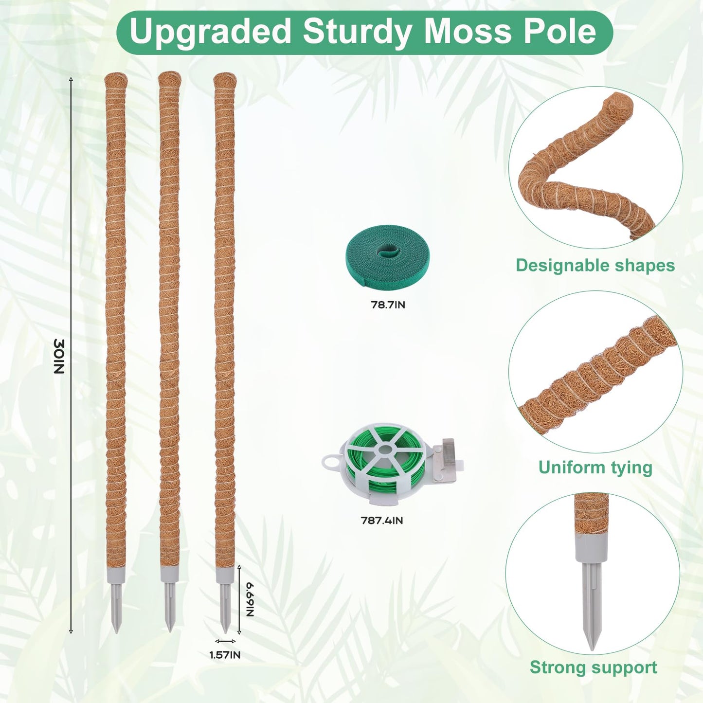 3 Pack Moss Pole, 30 Inch Monstera Plant Support， Moss Poles for Climbing Plants Indoor DIY, Coco Coir Plant Pole Moss Plant Stick Support Stake Kit for Potted Plants, Pothos, Philodendron