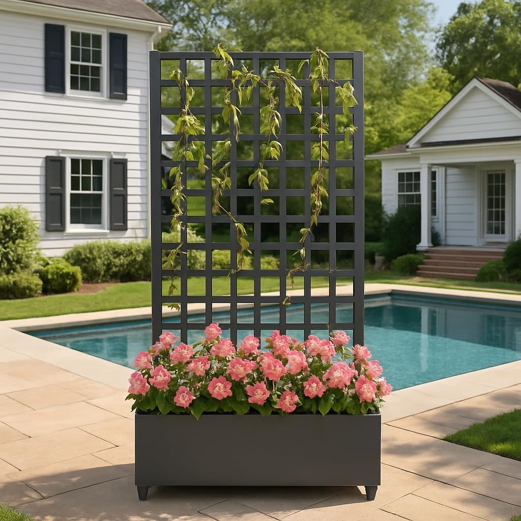 GAOMON Metal Planter Box with Square Lattice Trellis & Wheels, Raised Garden Bed w/Privacy Screen & Drainage Hole for Climbing Plants, Flower & Vine (72 in x35 in Black)