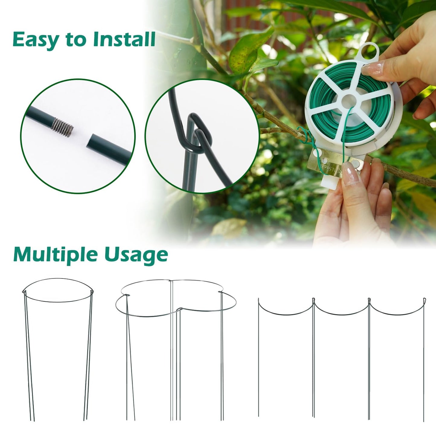 32 inch Plant Support Stakes, 10 Pack Half Round Metal Garden Plant Stake Heavy-Duty Plant Support Ring and Cage with Plant Clip & Twist Tie for Indoor and Outdoor Plants, Vegetable, Flowers