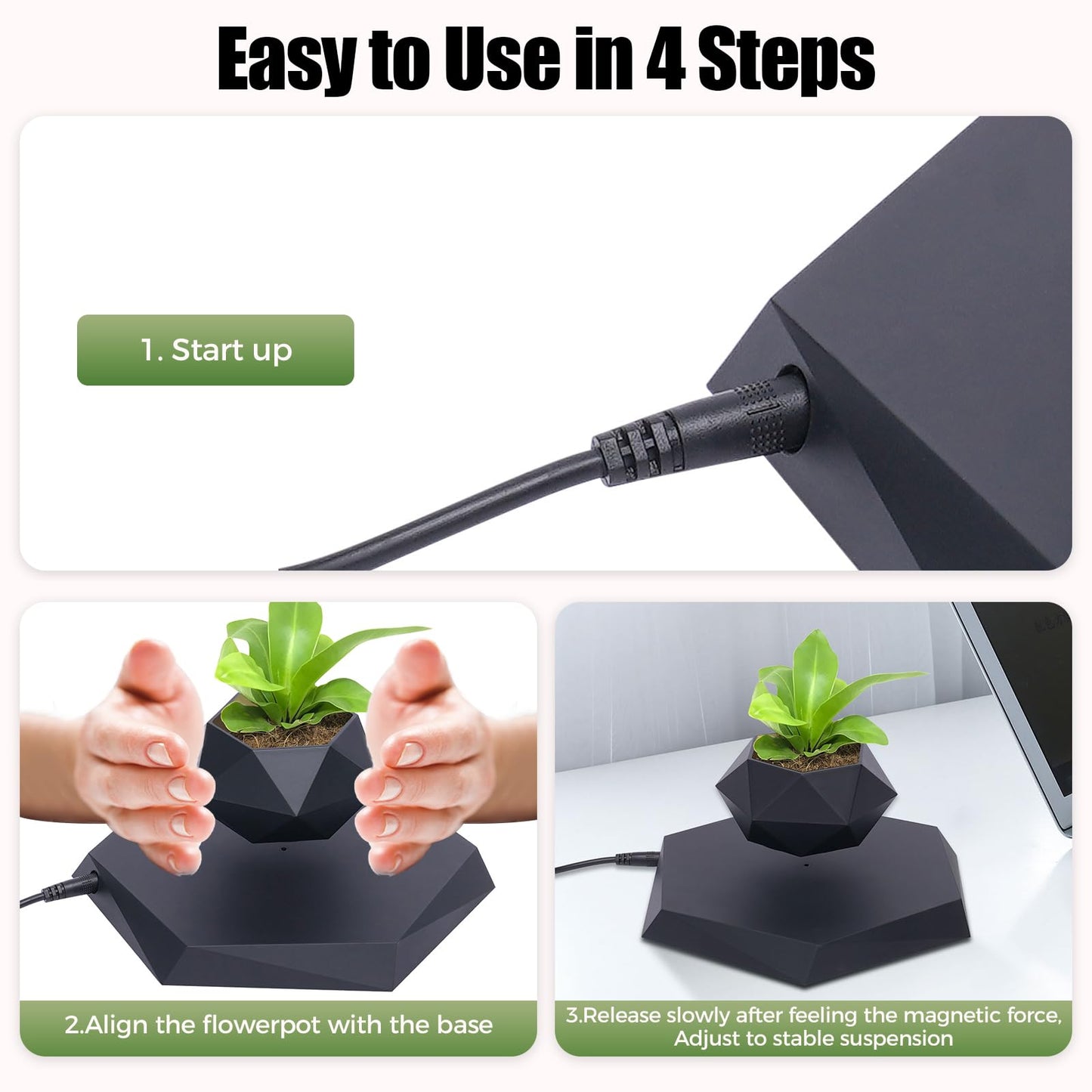 Bacacoo Rotation Flower Pot, Magnetic Levitating Plant Pot for Air Plants,Floating Plant Pot,Rotating Air Bonsai Planter Flower Pot for Home Living Room Office Desk (Black)