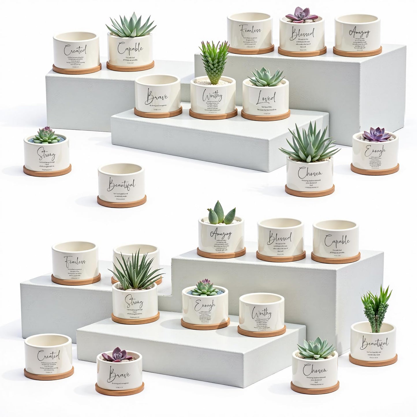 Fumete 24 Set Christian Religious Gifts Bulk Bible Verse Succulent Pots with Tray Drainage, 12 Scripture Quote, 3 x 2 in Mini Ceramic Flower Planter for Mothers Fathers Day Church Gift (Affirmation)