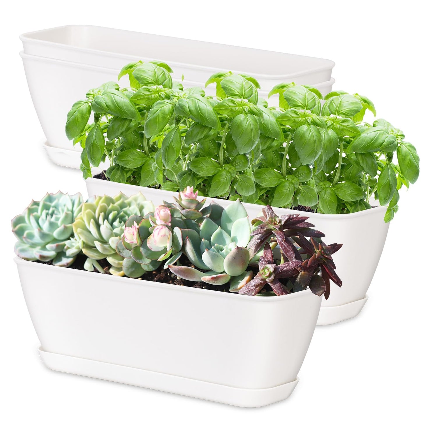 Oliz 4-Piece White Rectangular Window Sill Planters with Drainage Holes and Trays (11 Inches) for Basil, Orchids, and Succulents Modern Herb Garden Planters Suitable for Indoor/Outdoor Plants