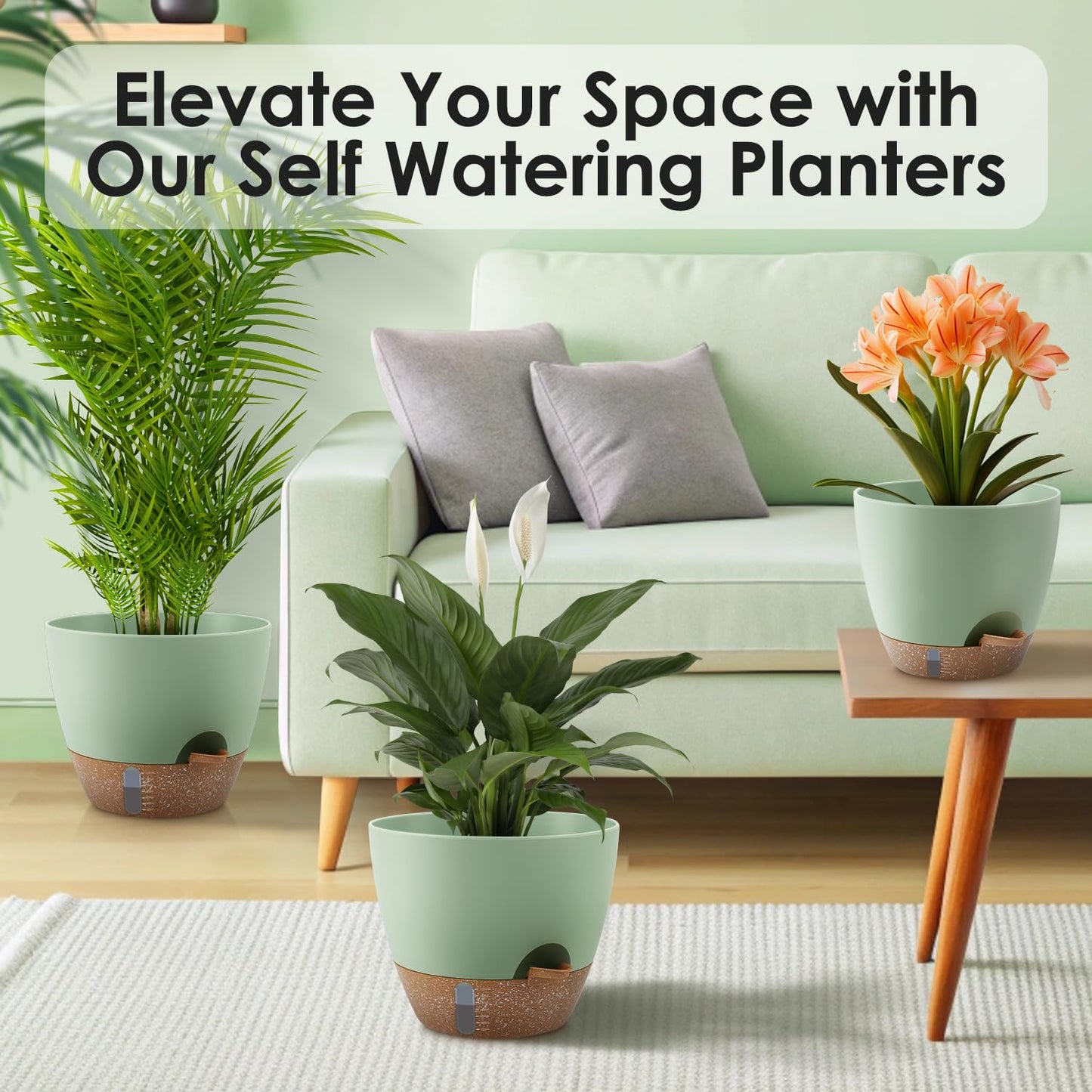 QRRICA Self-Watering Plant Pots with Water Level Indicator, Drainage Holes & Saucers – 12/10/9 Inch Large Plastic Planter Set for Indoor & Outdoor Plants (Green)