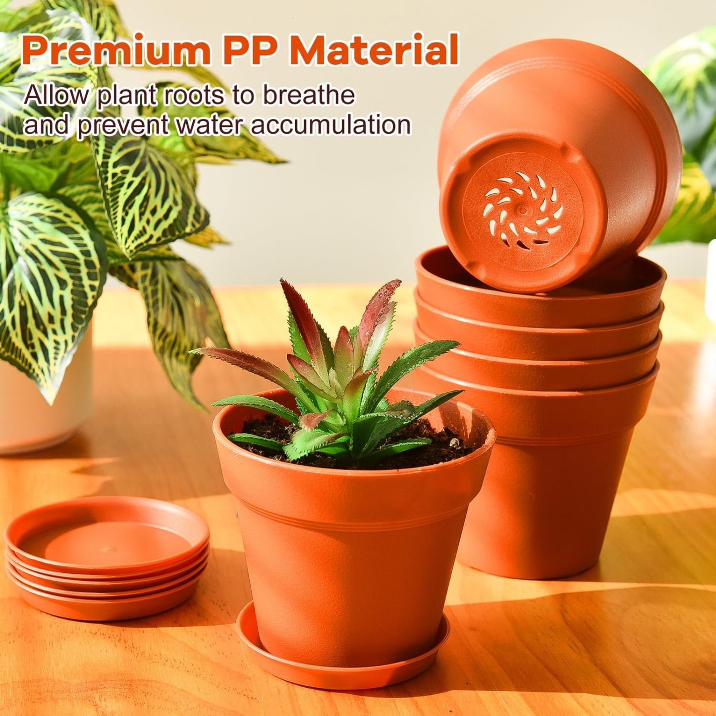 June Fox 60 Pack Small Plant Pots Indoor 4 Inch Plastic Planter with Drainage Holes and Saucers Premium Terracotta Pots Bulk for Succulent, African Violets, Flowers, Seed Starting