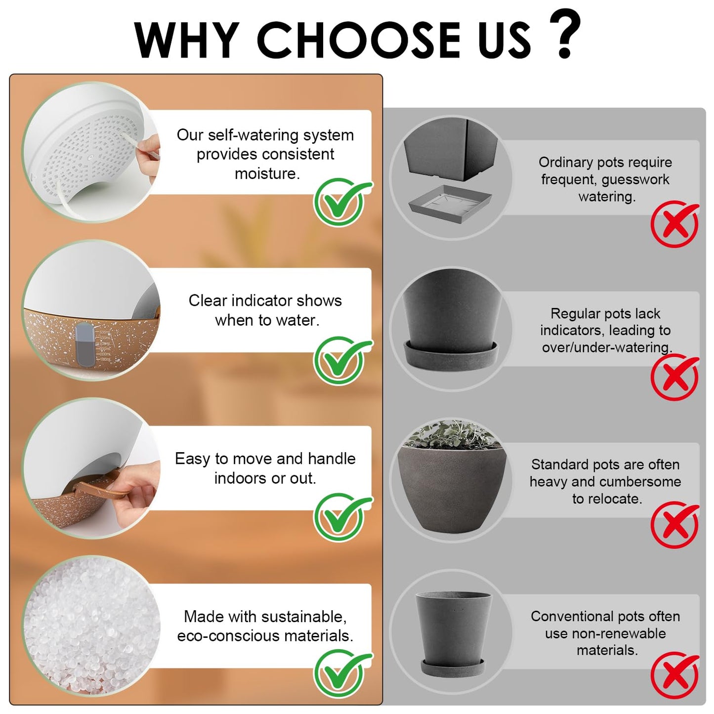 QRRICA Self-Watering Plant Pots with Water Level Indicator, Drainage Holes & Saucers – 12/10/9 Inch Large Plastic Planter Set for Indoor & Outdoor Plants (White)
