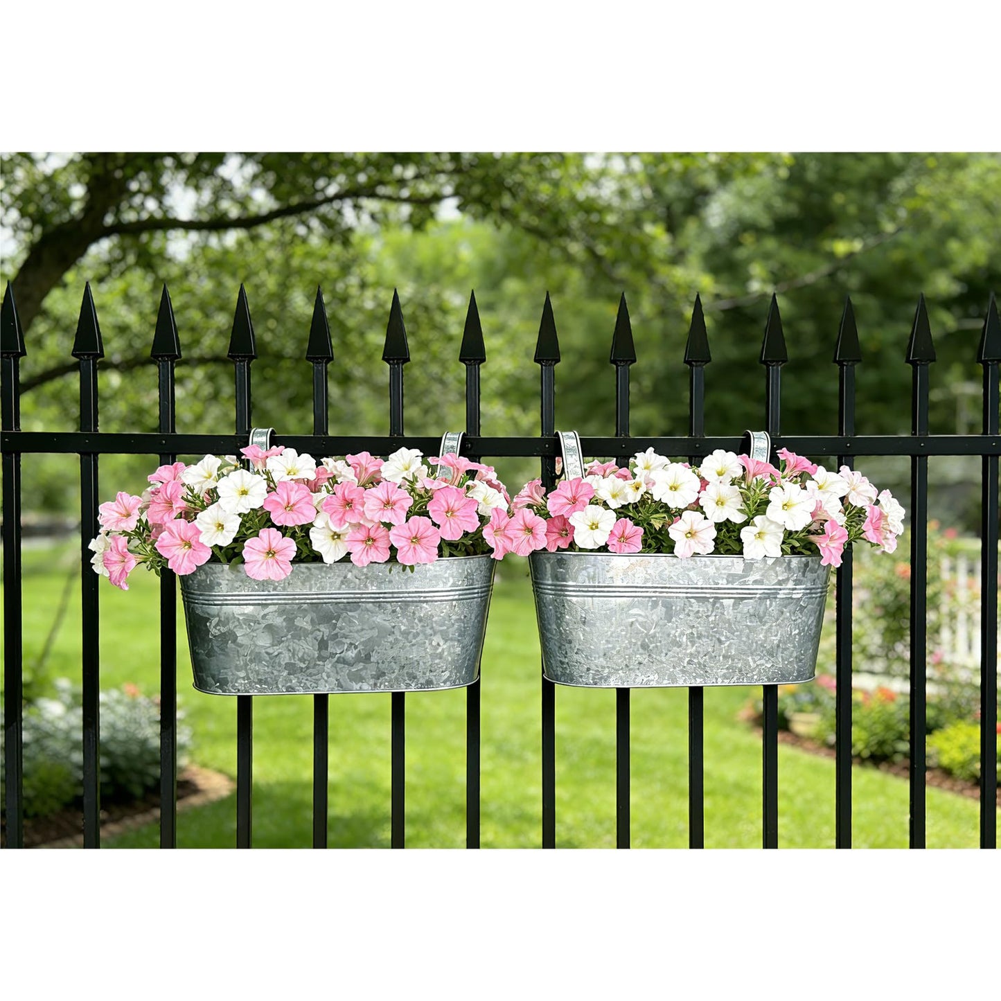Joyfernal Balcony Galvanized Hanging Planters Railing Flower Pots, Outdoor Metal Fence Planter Pot with Detachable Hooks Drain Hole for Garden Patio Yard Decor (17 Inch, 8Pcs)
