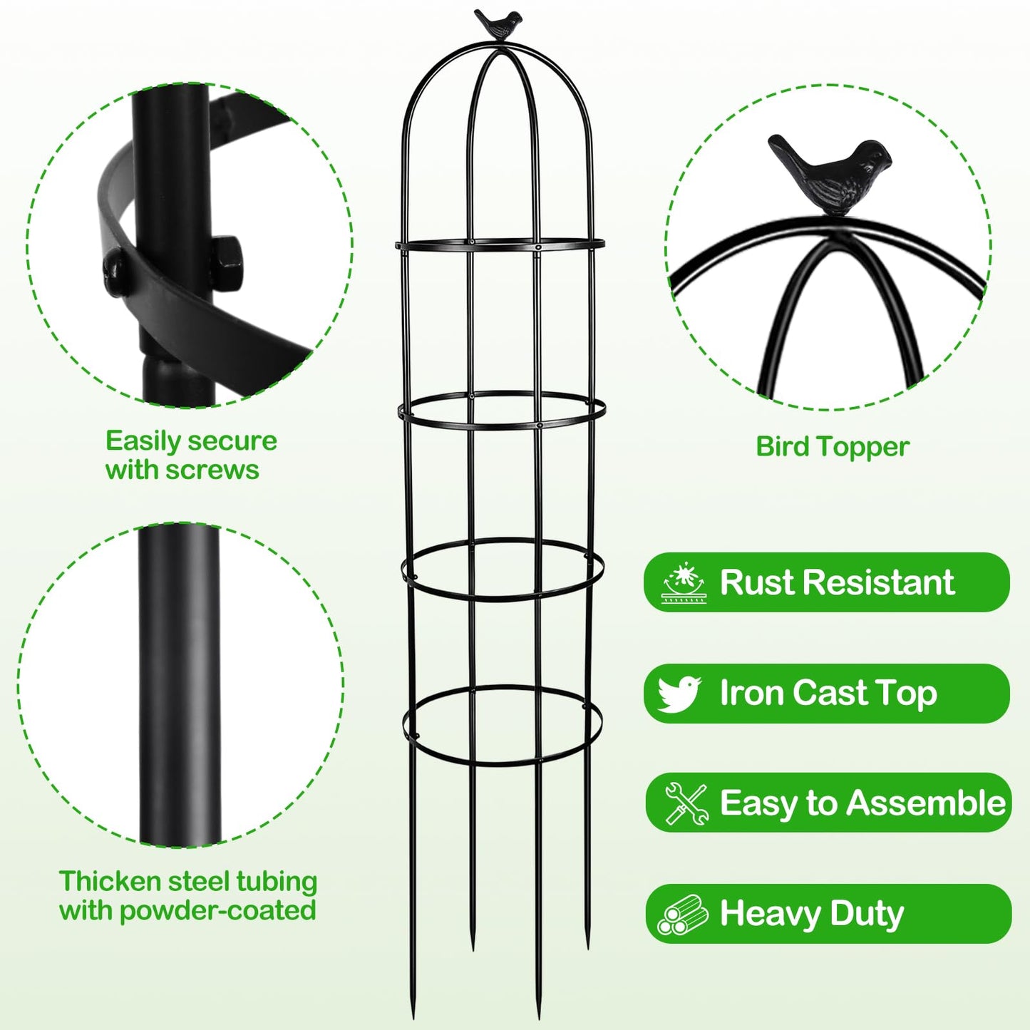 HEYTIMI 2 Pack 6 Ft Heavy Duty Metal Garden Obelisk Trellis for Climbing Plants, Rust‑Resistant Black Steel Vine Support for Rose Clematis Jasmine, Potted Flower Stand Indoor & Outdoor Decor (Spheres)