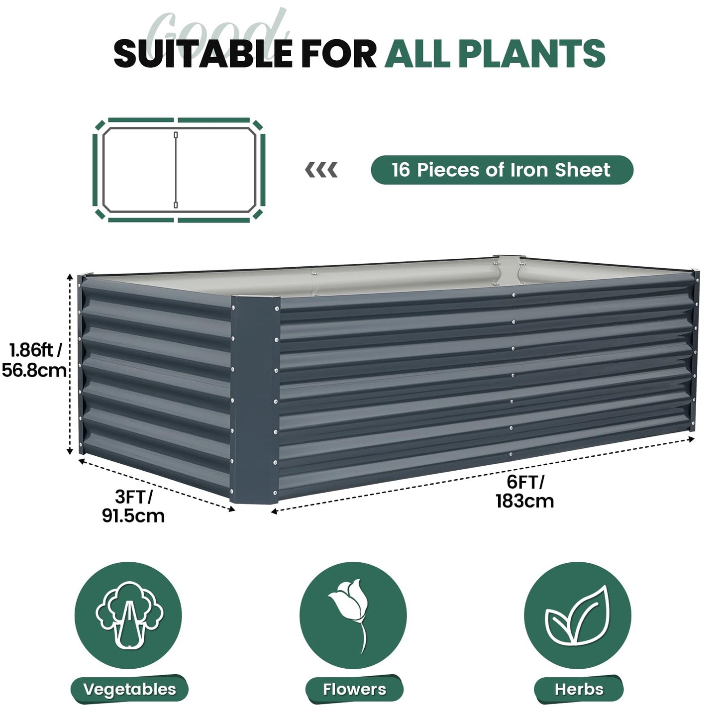 G GOOD GAIN 6x3x2 ft Galvanized Raised Garden Bed Kit, Large Metal Planter Box Outdoor for Vegetables, Flowers, Herbs, 269 Gallon Capacity Deep Root Design, Grey