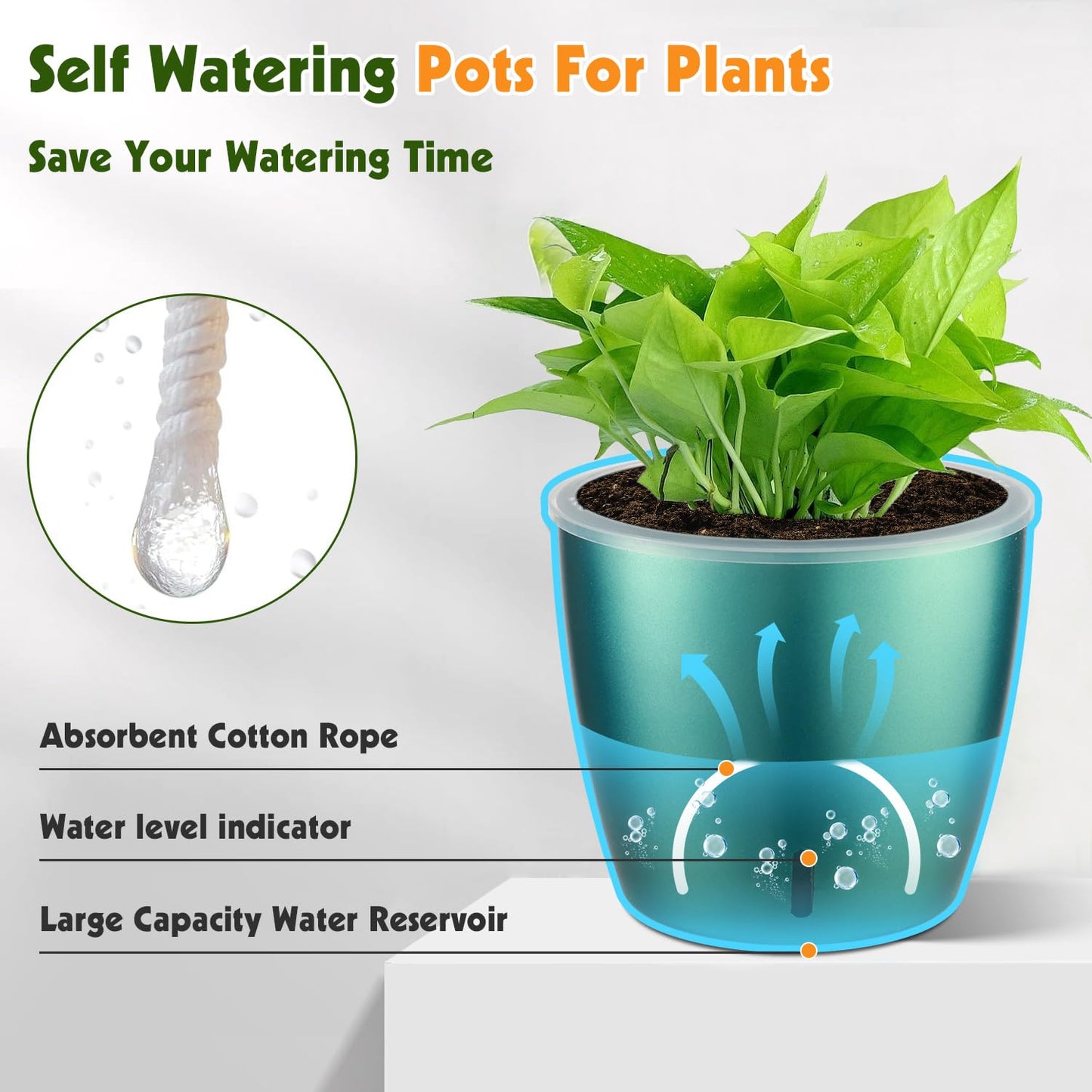 KvyusFlourish Self Watering Pots for Indoor Plants, 4-Pack 6.7'' Self Watering Planter with Drainage Holes, Small African Violet Pots with Water Indicator, Clear Wick Orchid Pot, Blue Gold