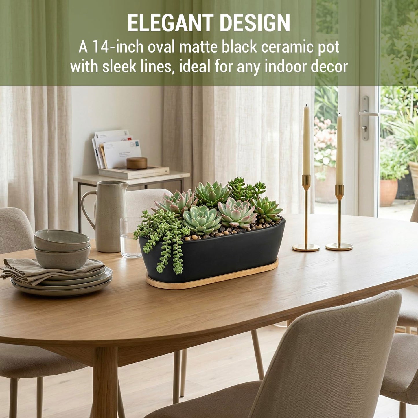 MyGift 14 Inch Oval Modern Matte Black Ceramic Succulent Planter Pot with Drainage Hole and Removable Bamboo Saucer, Decorative Indoor House Plant Container for Flowers, Cactus, Herbs