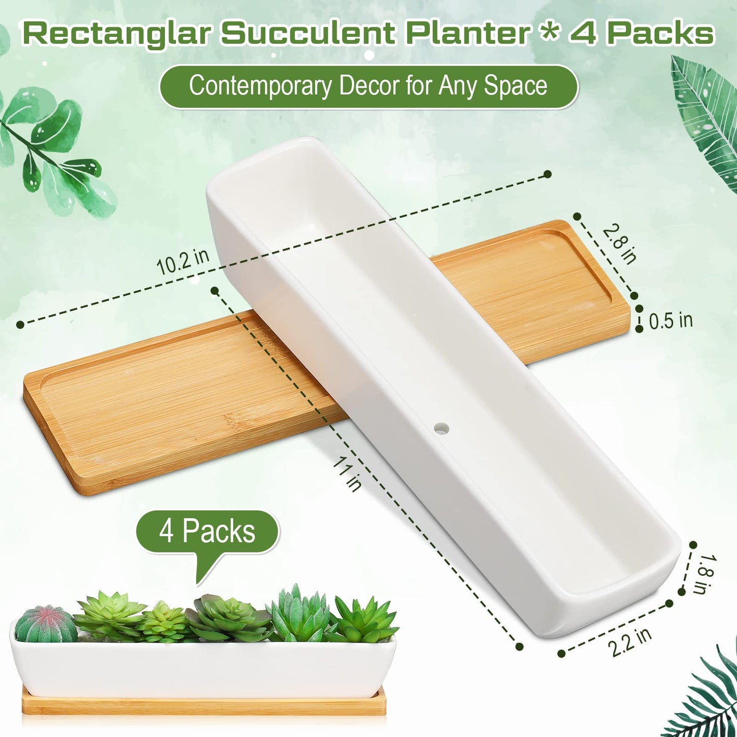 Weewooday 4 Pcs White Succulent Planter Pots 11 Inch Long Rectangle Ceramic Plant Container, Suitable for Indoor Outdoor Home Garden Flower