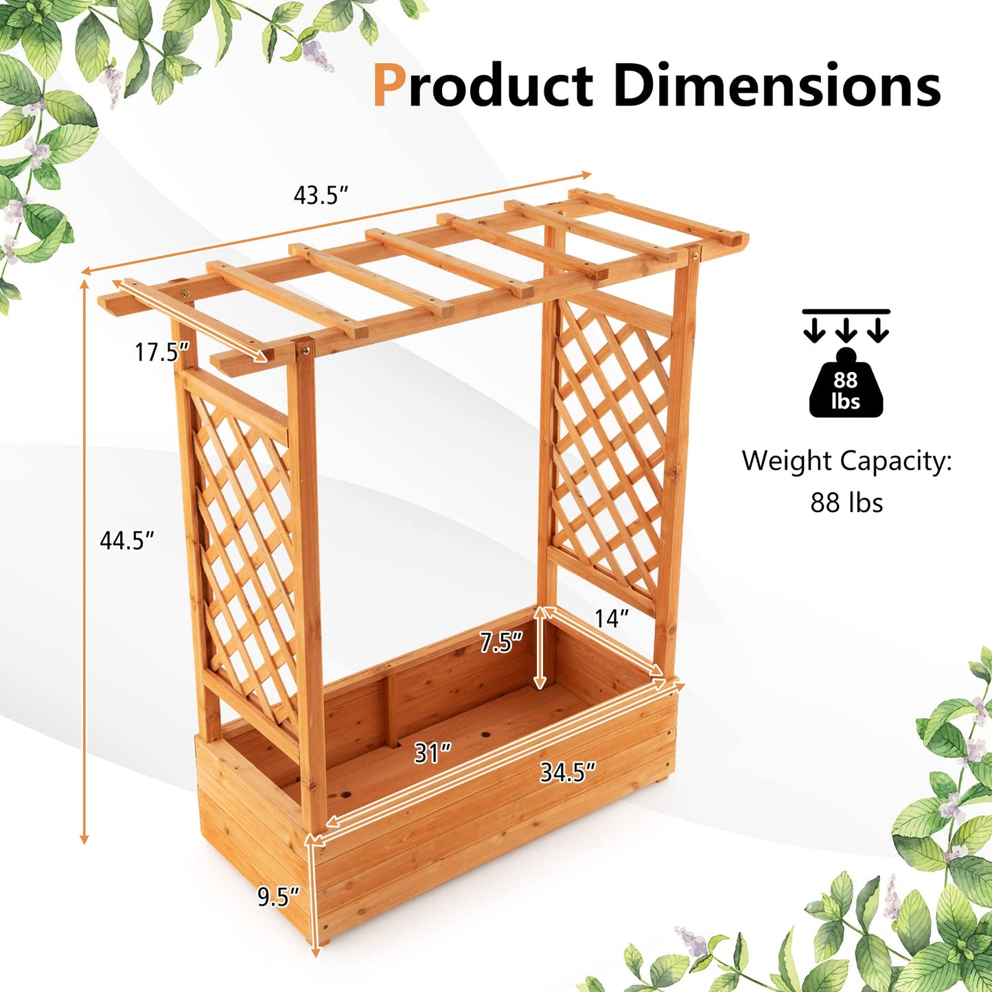 LDAILY Raised Garden Bed with Trellis, Above Ground Garden Bed with Hanging Roof, Side Trellis, & 4 Drainage Holes, Planter Box for Outdoor Climbing Plants Vines Flowers (1, 43.5"L x 17.5"W x 44.5"H)