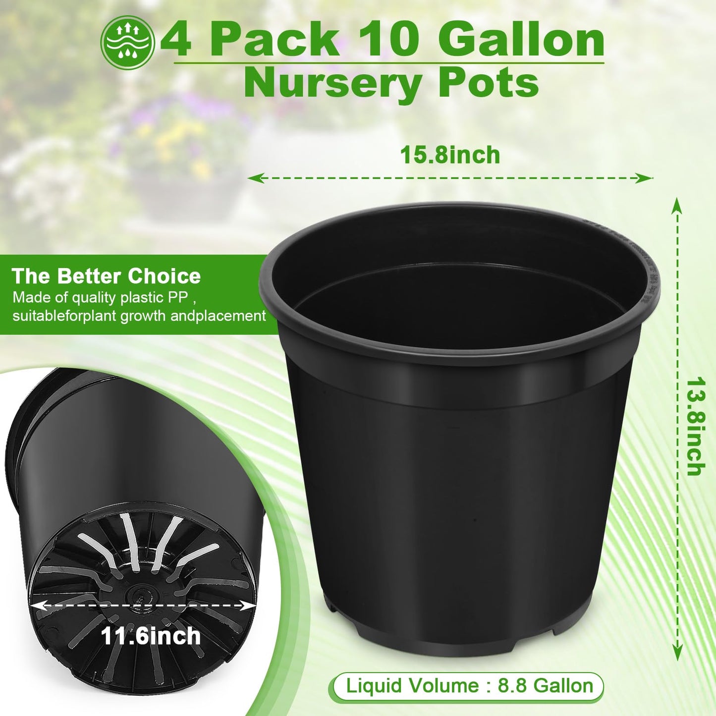 DUNPUTE 4pcs 10 Gallon Pots for Plants, 10 Gallon Plastic Nursery Pot with Drainage Holes, Planter Seedling Pots for Nursery Garden, Flowers, Succulent Outdoor Indoor (10 Gal- 4 Pack)