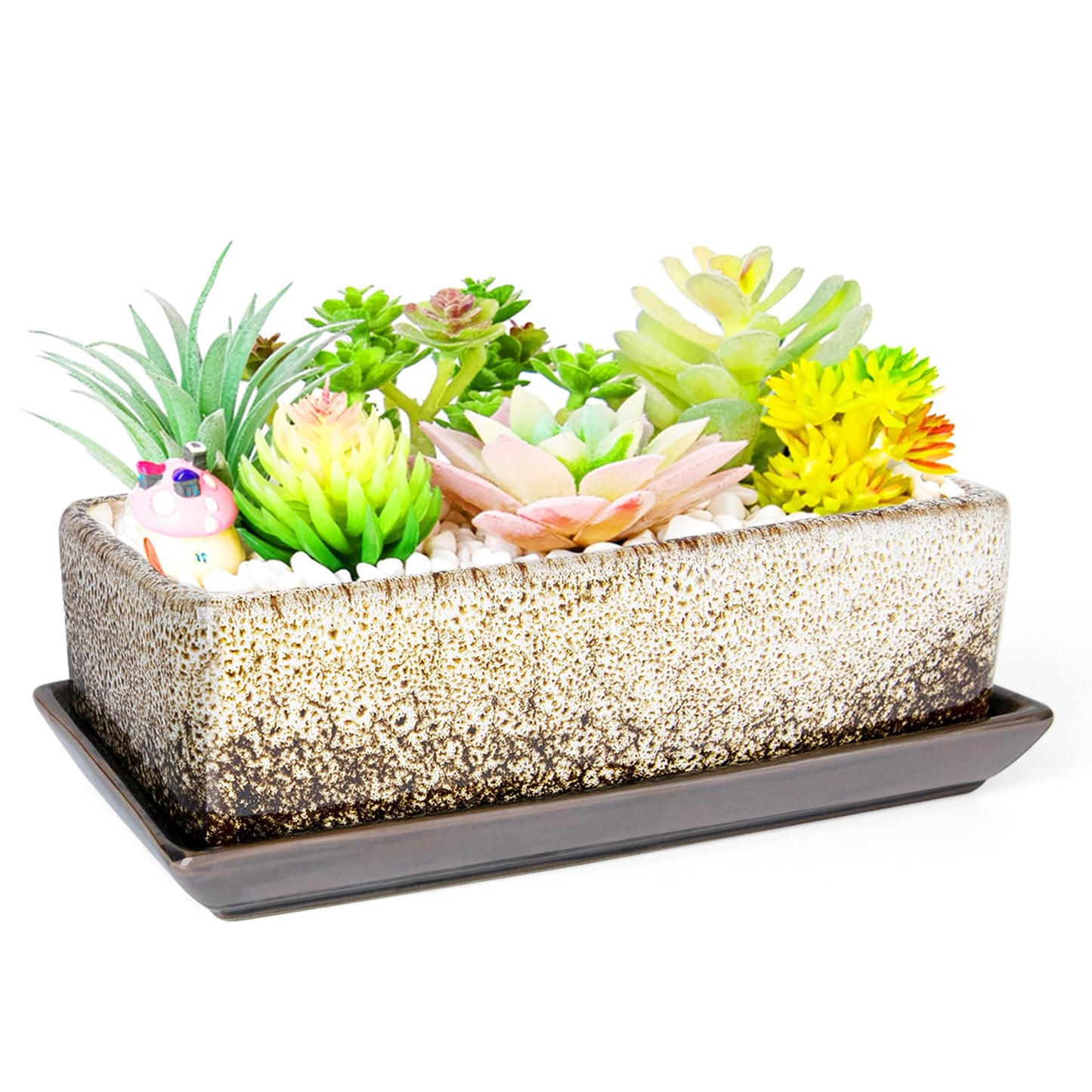 ARTKETTY Succulent Pots - Long Rectangle Succulent Planters with Drainage Tray, Window Sill Planter, Ceramic Pots for Indoor Cactus Plants Shallow Bonsai Window Box for Home Garden Decor