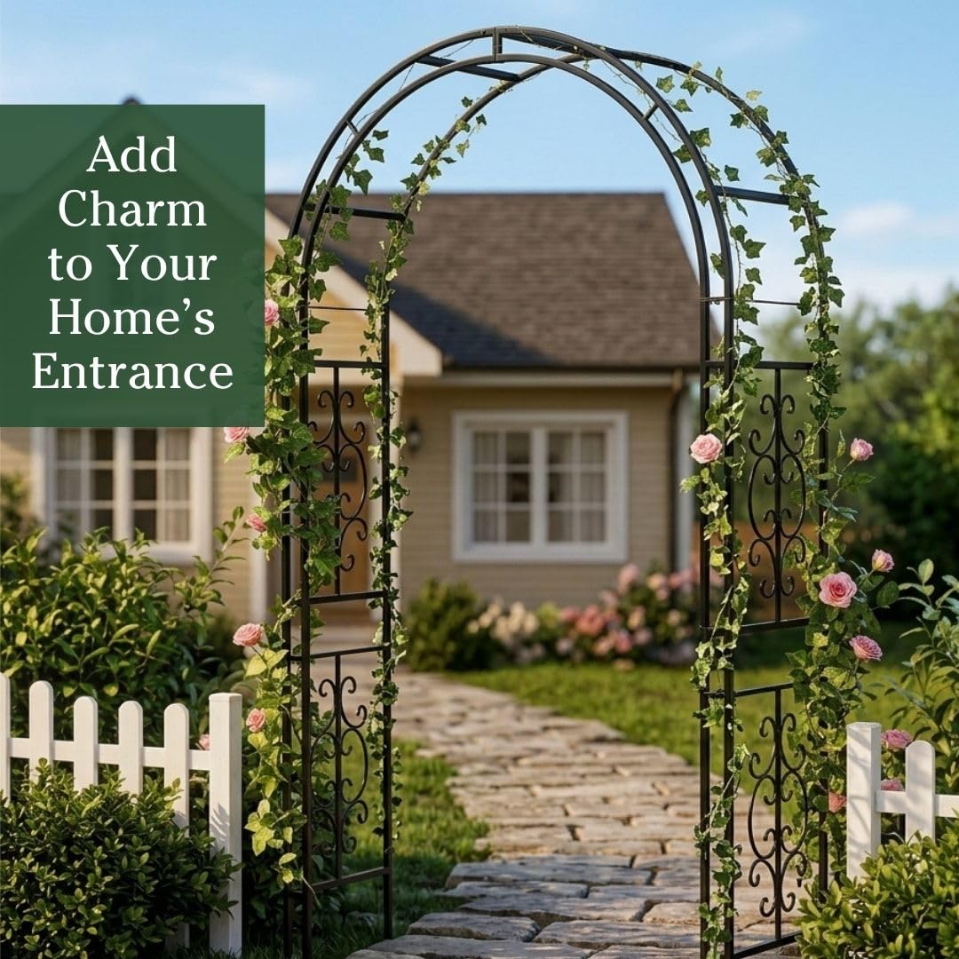 Plow & Hearth Arch Metal Outdoor Garden Arbor 7 Feet Tall Black Iron Trellis for Climbing Plants Outdoor, Wedding Party Arch, Outdoor Patio Decor