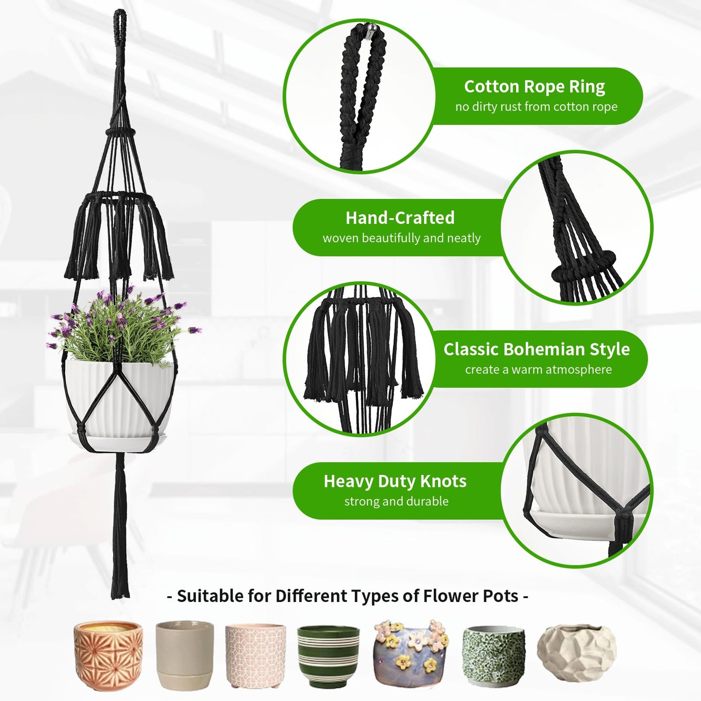 Macrame Plant Hangers 5Pack, Handmade Cotton Rope Hanging Planters for Indoor Plants w/ 5 Set Hooks Hanging Plant Holders Plant Hanger Indoor for Boho Home Decor (Black, Planter Pot Not Included)