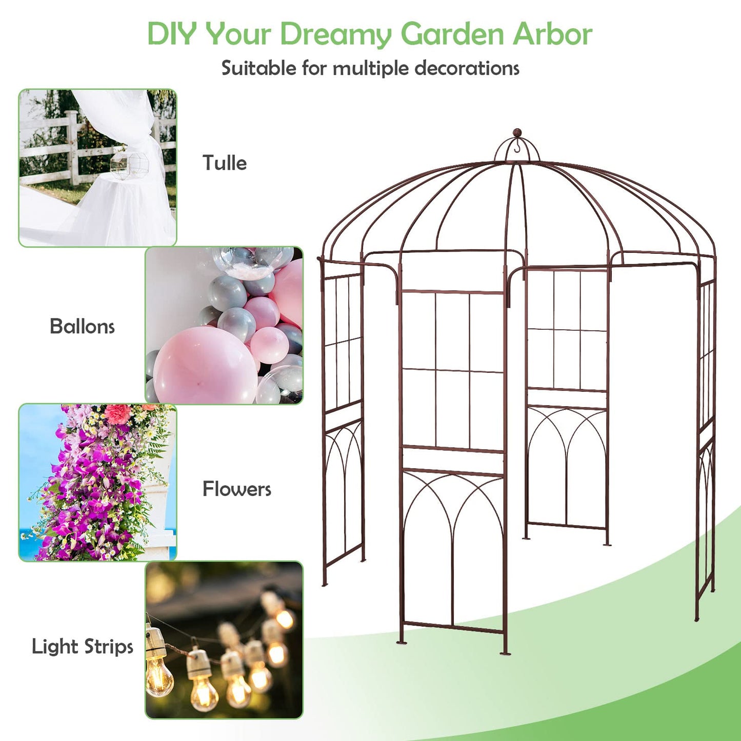 HAPPYGRILL Birdcage Shape Garden Arbor, 7 x 8.4 ft Heavy Duty Metal Garden Gazebo Pergola with Trellis, Garden Arch Trellis for for Climbing Plants Wedding Party Decor Outdoor Arch Pavilion for Lawn