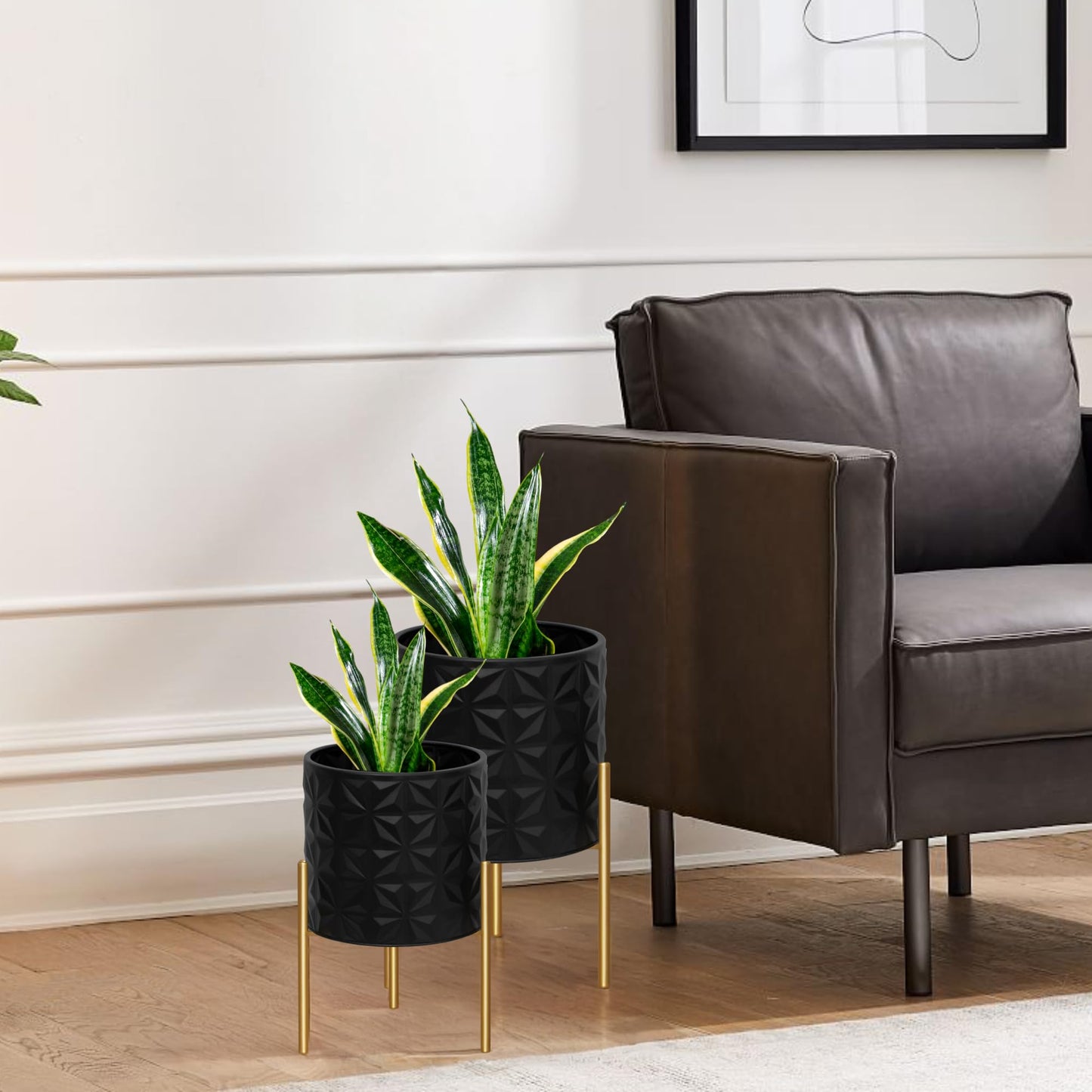 ARNIS Modern Planter Pots, Set of 2 Large Planters with Stand, Decorative Planters, Metal Pots with Drainage Holes for Living Room, Office, Garden or Balcony, 8.25 &10.5 Inch, Matte Black