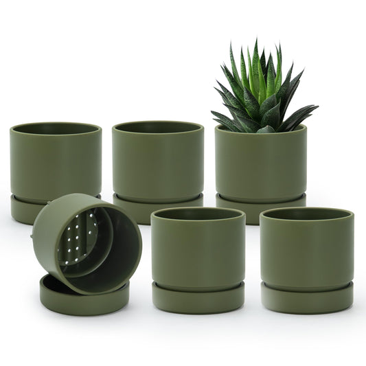 Phoenix Vine 4 Inch Planter Pot with Drainage Hole & Saucer, Deep Water Catch Tray, Straight Cylindrical Round Pot for Plants, Olive, Pack of 6, 23-D-R-6