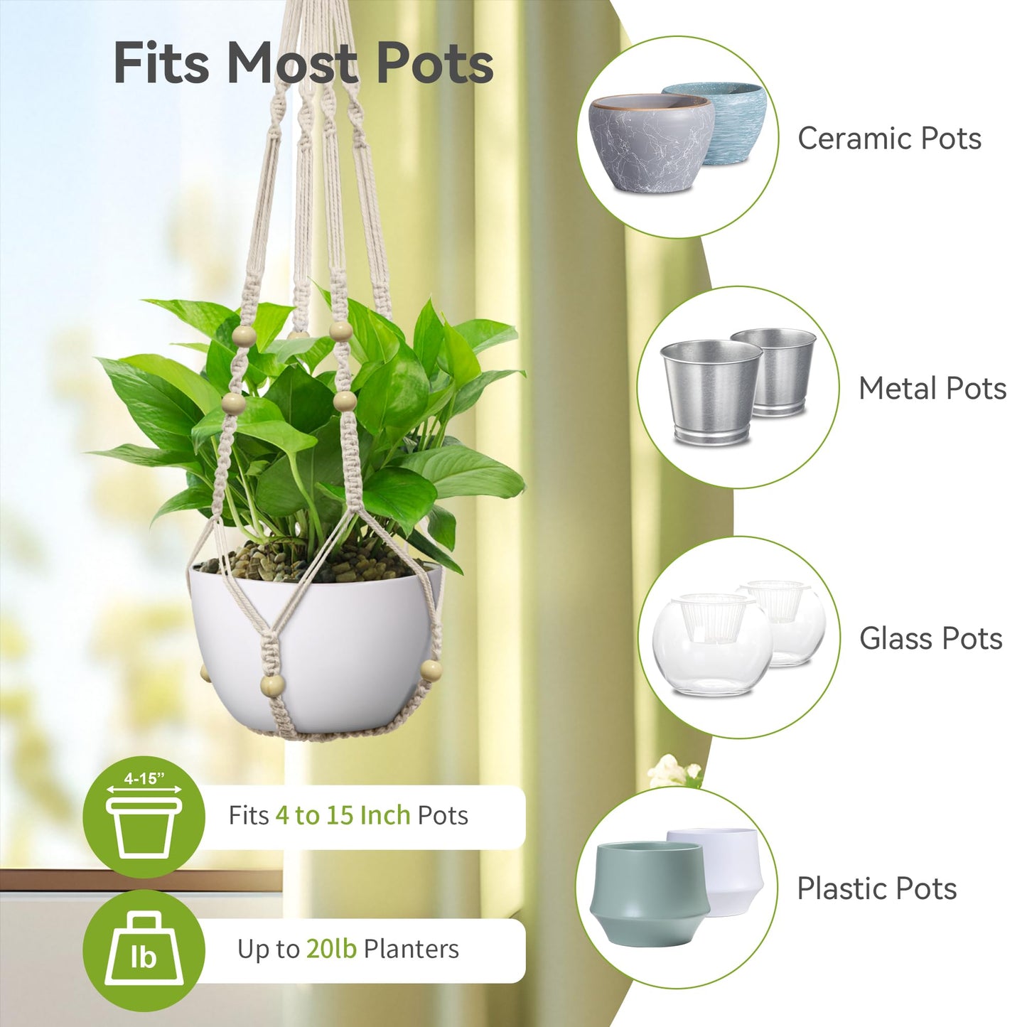 USLAI Macrame Plant Hanger Indoor Outdoor, Fits 4 to 15 Inch Pots, Strong Hanging Planter Holder, Boho Home Decor, 35 Inch, Ivory, Set of 3 (POTS NOT Included)