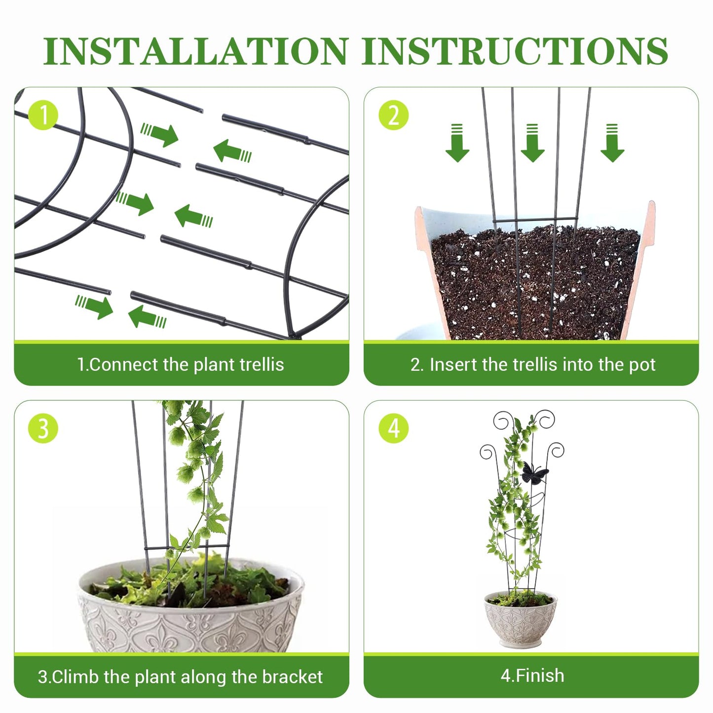 4 Pack 30 Inch Taller Plant Trellis for Potted Climbing Plants Indoor, Black Metal Garden Trellis with Butterfly & Bird Designs - Sturdy Expandable Plant Support for Ivy, Pothos, Monstera