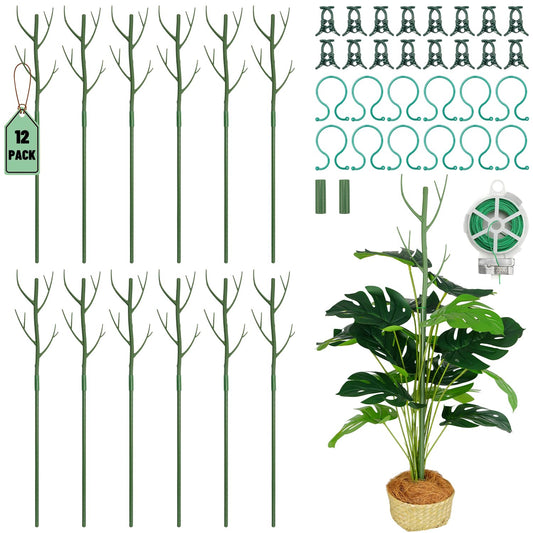 Linyona 12 Pack Monstera Plant Support Stakes, 27.5 Inch Natural Looking Detachable Plant Stakes for Climbing Plants, Includes 16 Orchid Clips & 12 Twist Ties & 65ft Garden Tie Outdoor Indoor