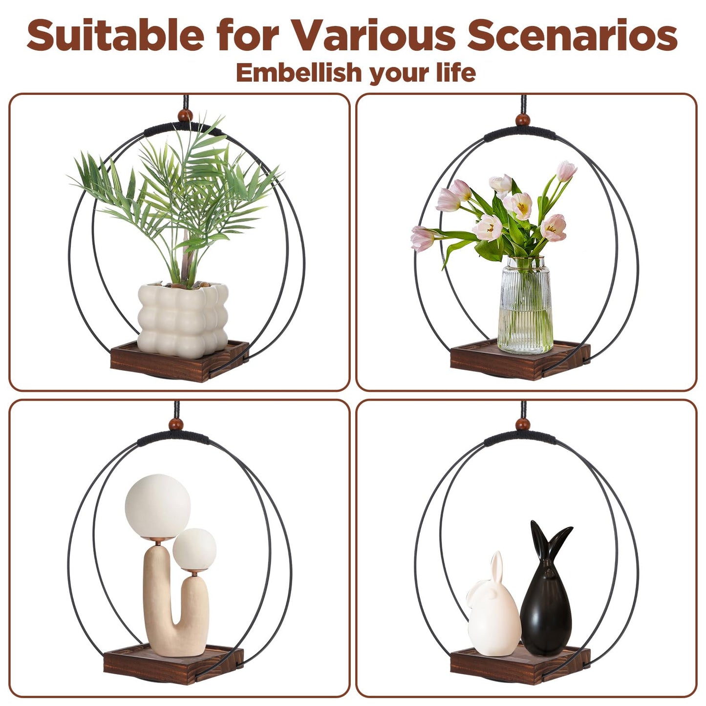 YBEATY 2 Pack Hanging Planters for Indoor Outdoor Plants, 12 Inch Sturdy Wood Base Metal Plant Hanger Modern Boho Minimalist Flower Pot Holder Basket Wall Ceiling Window Stands Home Wall Decor