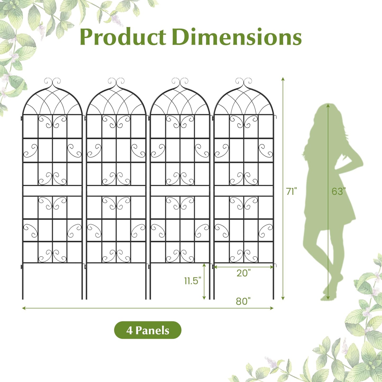 Giantex 4 Packs 71"x20" Metal Garden Trellis for Outdoor Climbing Plants, Heavy-Duty Plant Support for Vine Rose Vegetable Flower, Rustproof Black Metal Coating Patio Trellis Arch Decorative Fence