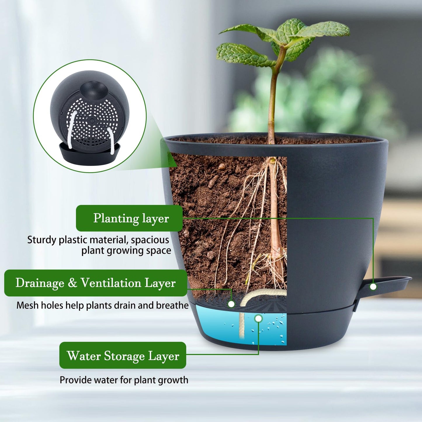 Koalaime Hanging Planters for Indoor Plants, 2 Set Self Watering Hanging Flower Pots, Modern Hanging Plant Baskets with Metal Plant Holder & 6.5 Inch Plastic Pots for Garden Home Decor (Black)