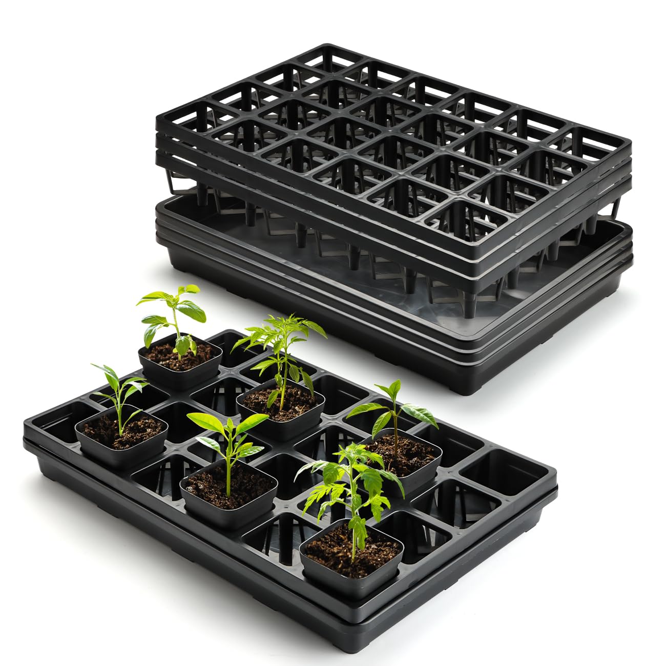 RooTrimmer 24 Cell Nursery Pots Trays (17"x11"x2") with Plastic Flat Seed Starter Trays, Durable Carrying Seedling Starter Tray, Reusable Planting Tray for Holding 2.7 inch Nursery Pots, 3 Sets Combo