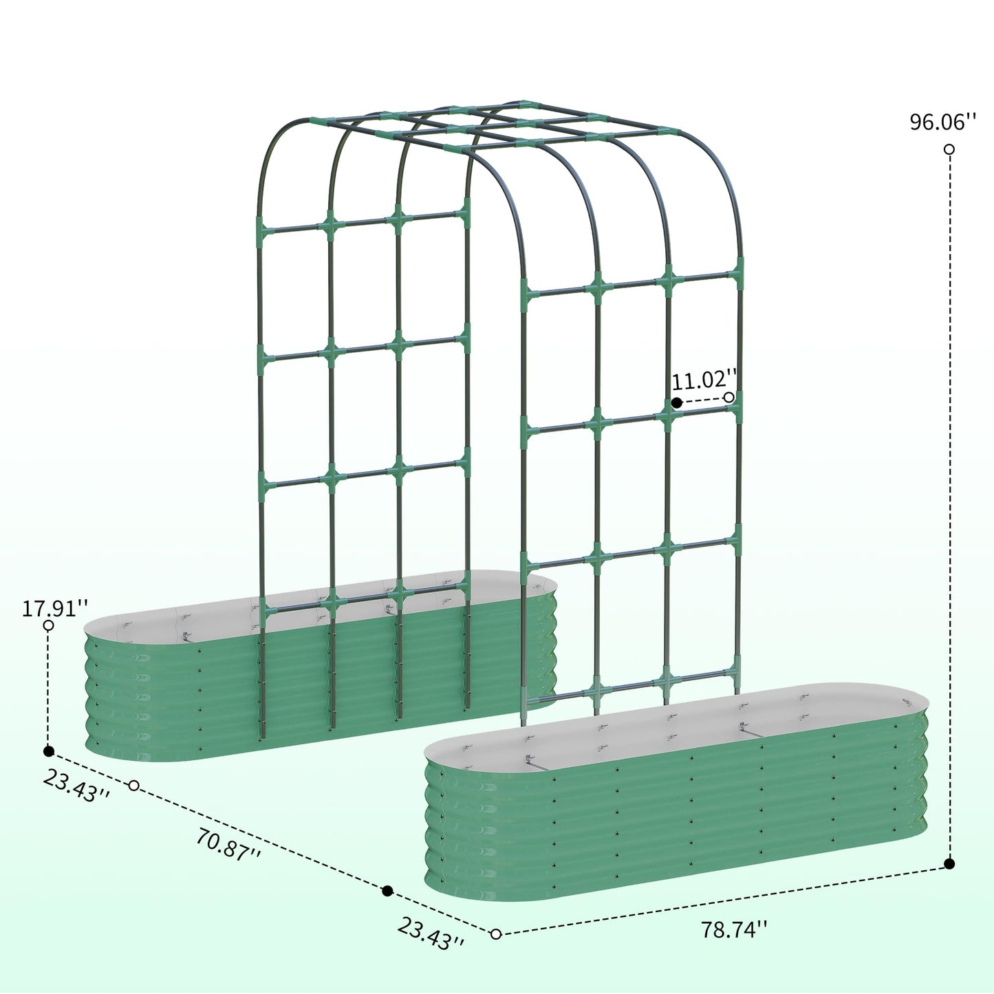 Galvanized Raised Garden Bed with 96" Tall Vertical Arch Trellis – Expandable Rust-Resistant Planter Box for Outdoor Plants, Flowers, Herbs & Vines – Includes Plant Clips, Drainage Netting,Green