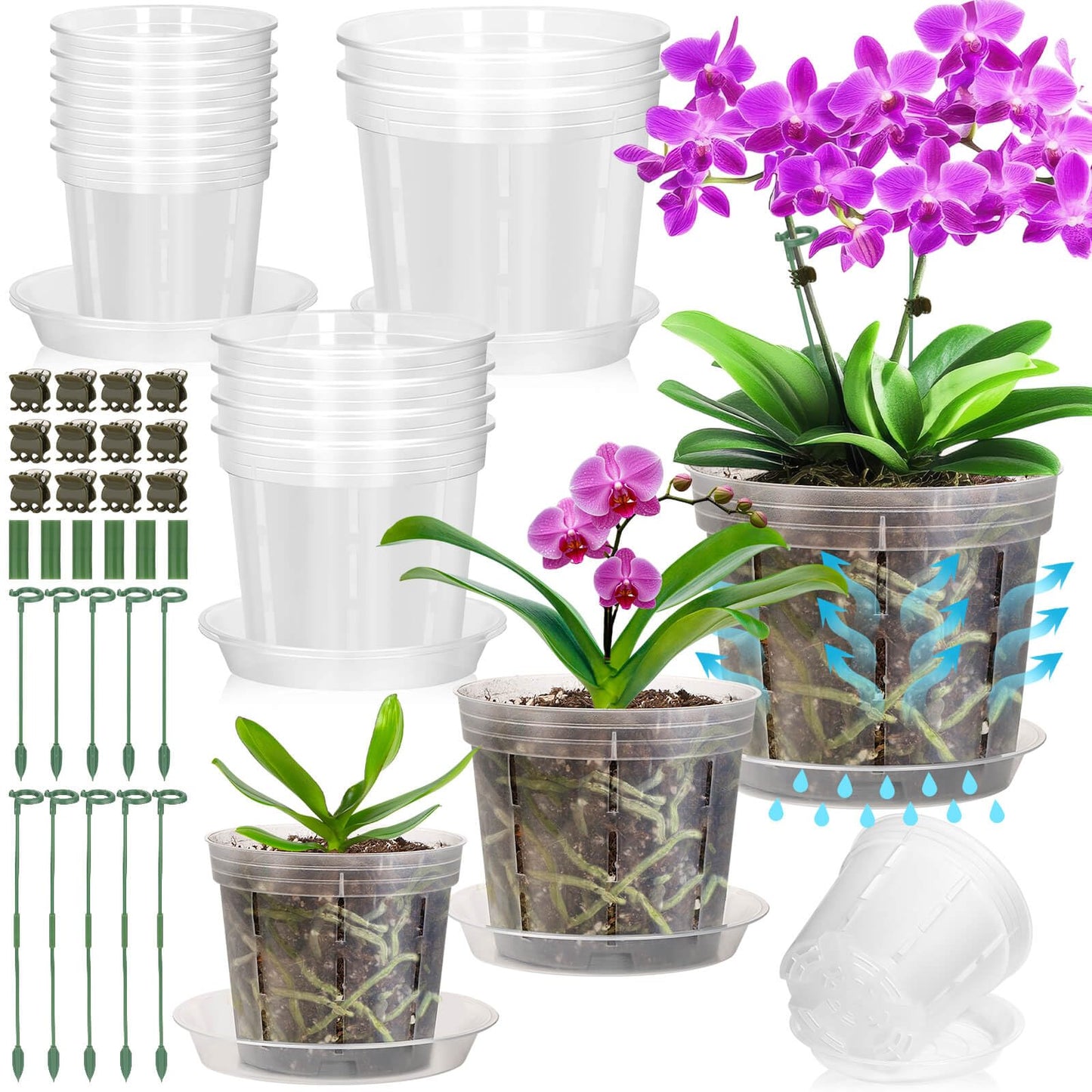 Tetutor 12 Pack Plastic Orchid Pots with Holes, 4, 5, 6 Inch Clear Orchid Pots for Repotting with Saucers Drainage and Plant Stakes, Large Small Breathable Orchids Planter Plant Pot