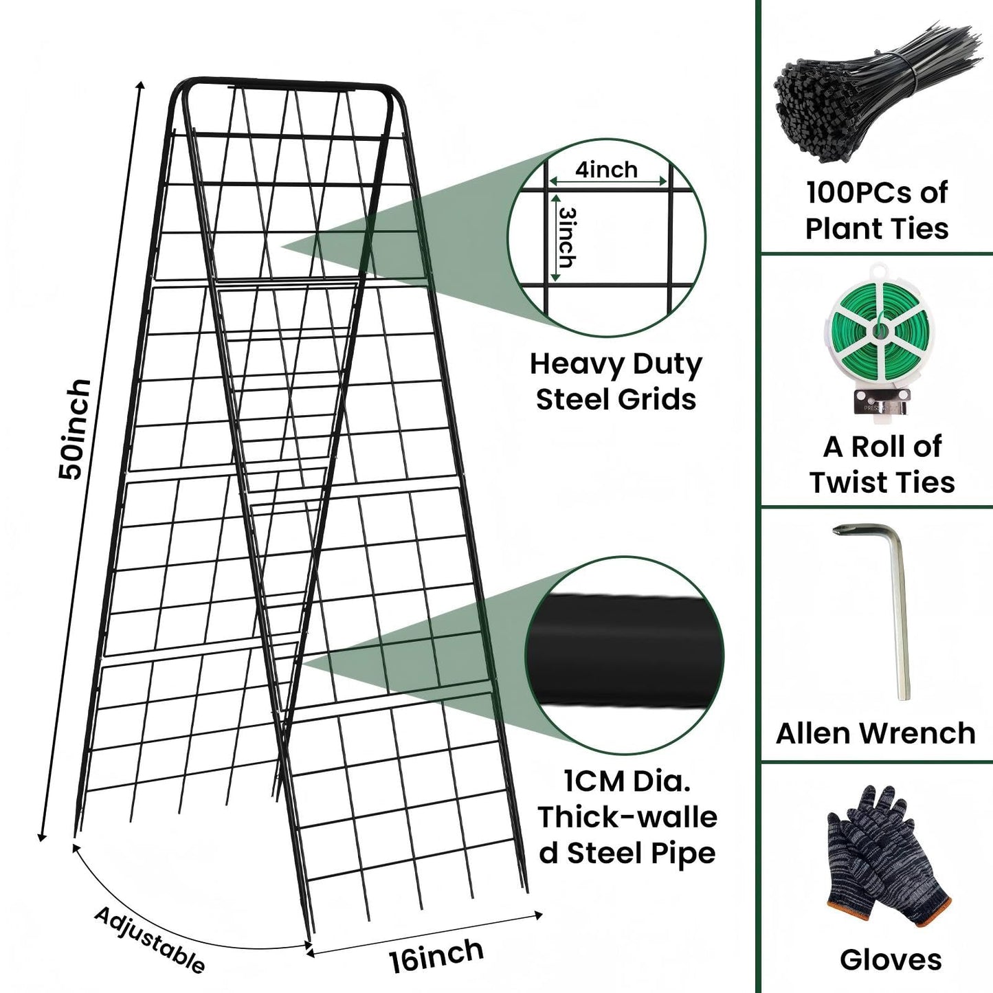 A-Frame Cucumber Trellis for Raised Bed, 50"x 16" Adjustable Heavy Duty Metal Garden Trellis for Climbing Plants Outdoor, Plant Support for Tomatoes Pea Bean Grape Vining Vegetables (1 Pack)