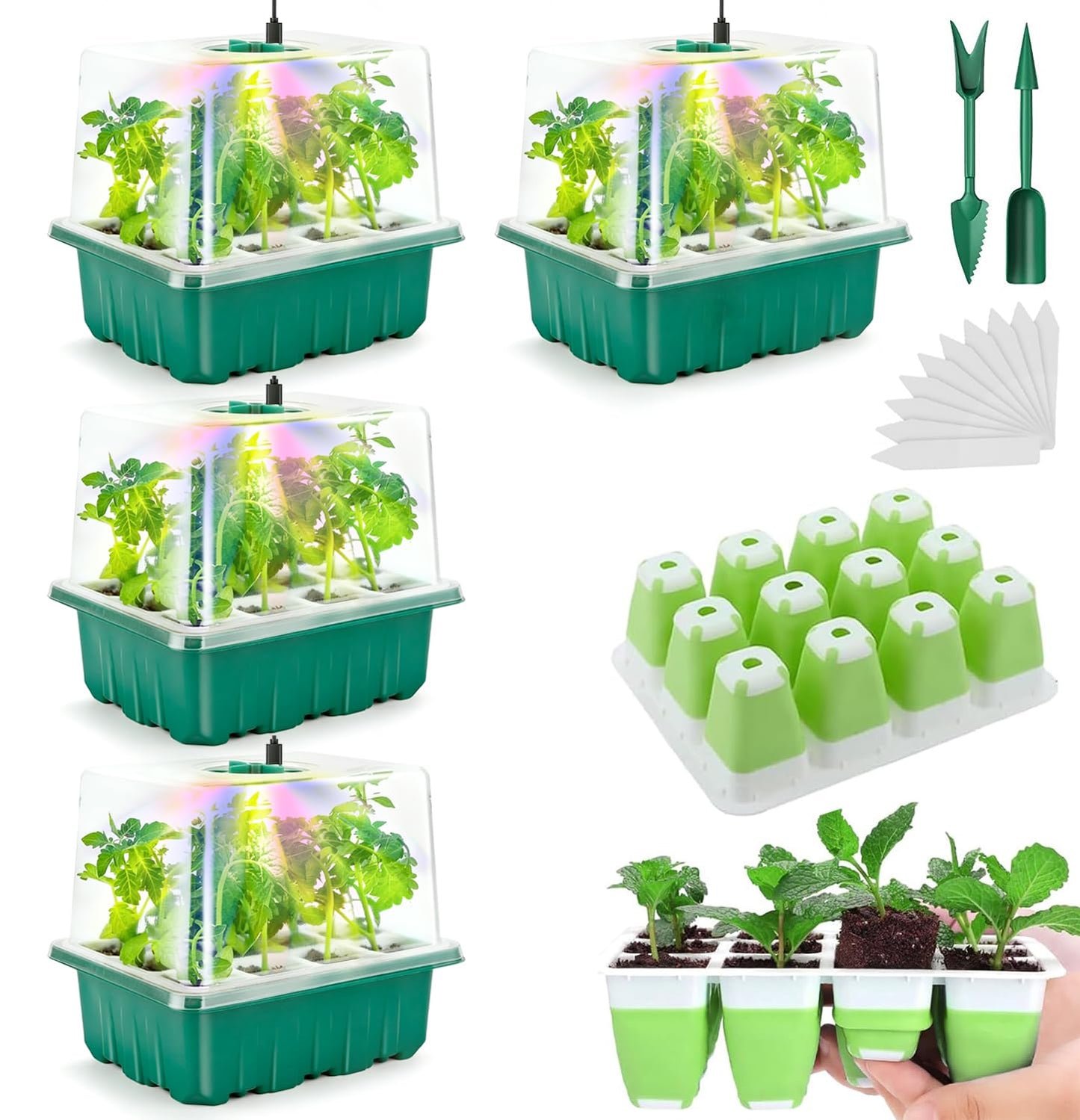 Seed Starter Tray with Grow Light, 48 Cells Indoor Seed Starter Kit, Flexible Silicone Seedling Starter Trays, Germination Tray Kit with Humidity Dome & Lids(4in Height), Reusable & Dishwasher Safe