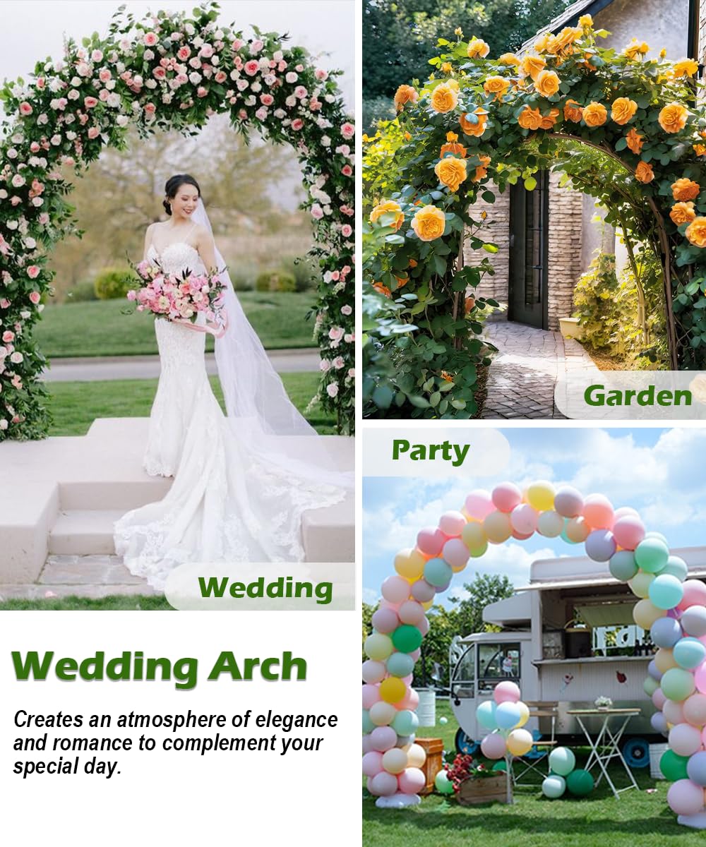 Queension Metal Wedding Arch for Ceremony Party Decoration 7Ft Wide 7.7Ft High,Garden Arch Trellis with Ground Bases for Climbing Plants,Outdoor Garden Arbor for Roses Vines, Round Frame, Black
