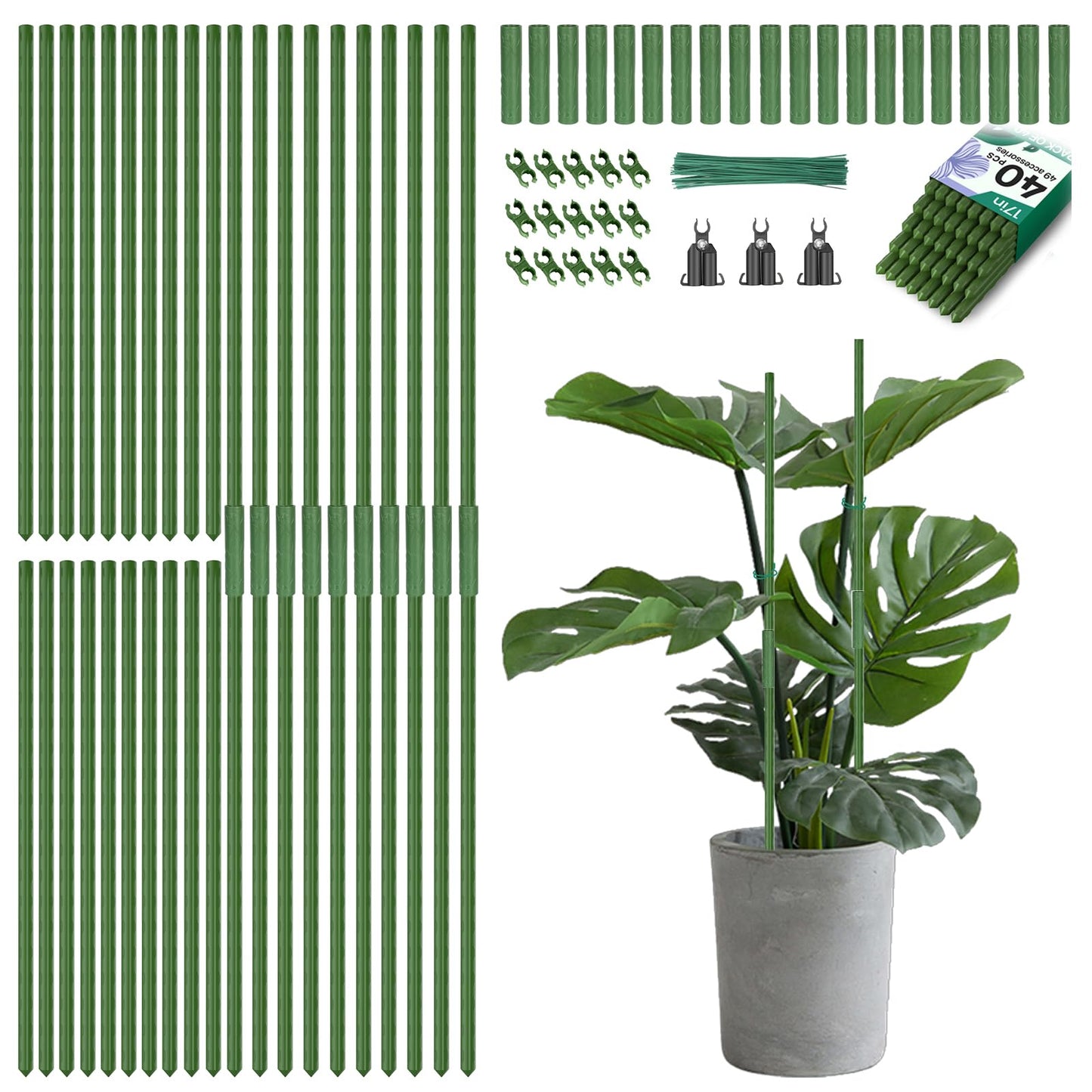 Breeze Touch Garden Trellis for Climbing Plants Outdoor, 40 Pack 17" Tomato Stakes Set with Clips & Connectors,Garden Plant Stakes, Tomato Frame, Cucumber Trellis for Raised Bed & Potted Plants