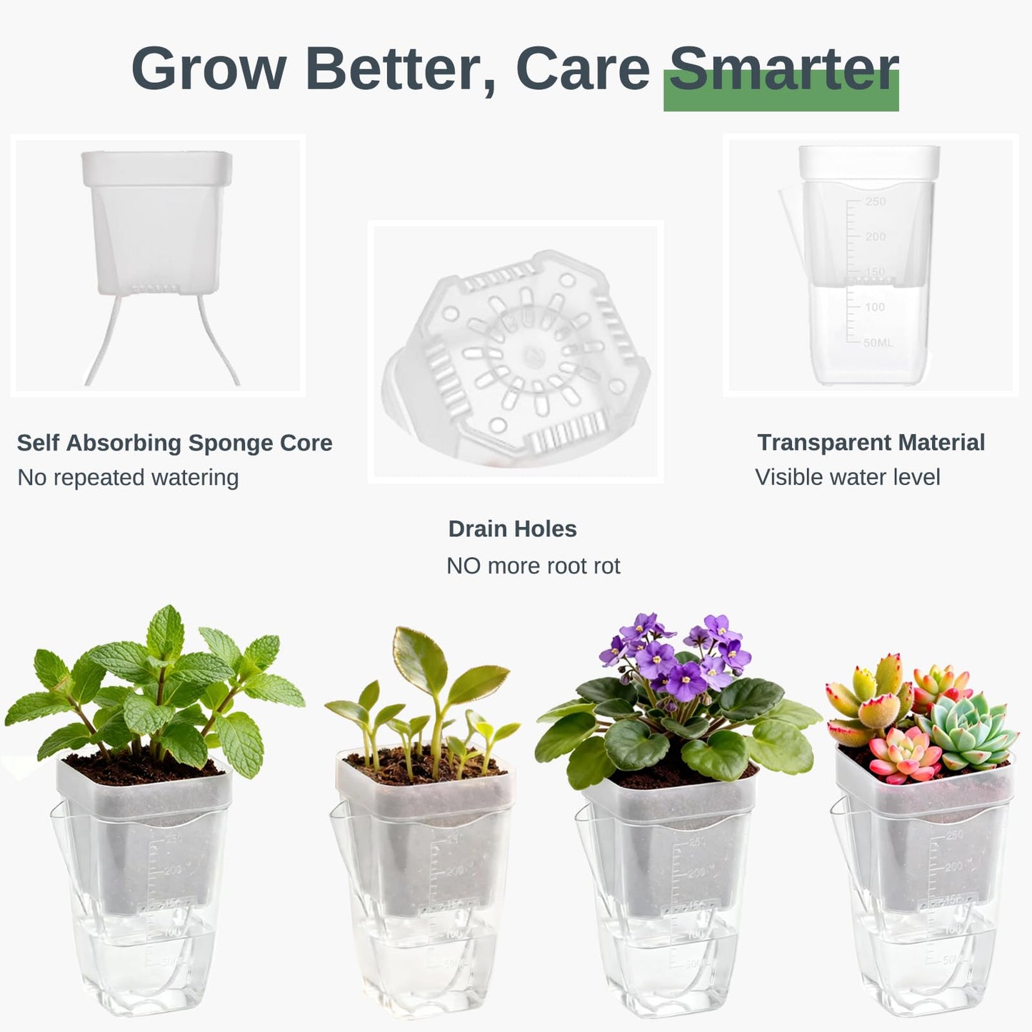 Poutilor 2.5 Inch Self Watering Pots, Clear Nursery Pots with Drainage Holes & Visible Water Level, 6 Pack Seed Starter Pots for Seedlings, Cuttings, Succulents, Prevent Overwatering