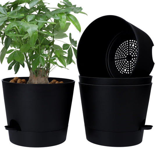 YNNICO 12 Inches Indoor Self Watering Planters with Drainage Holes and Saucers, 4 Pack (Black)