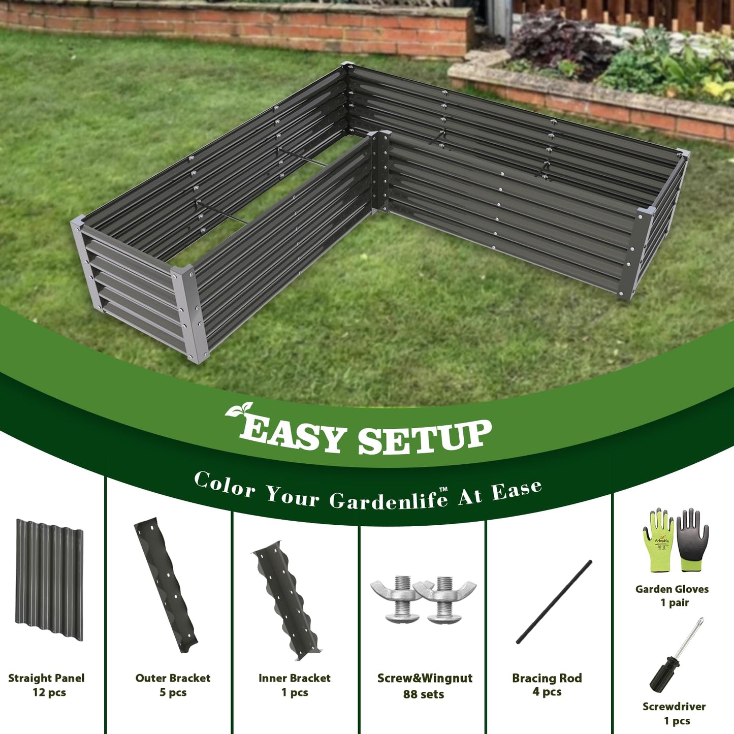 A ANLEOLIFE L-Shaped Galvanized Raised Garden Beds Outdoor,74x74x18in Large Metal Planter Box for Planting Vegetables Flowers Herb, Anti-Rust & Easy-Setup, Quartz Grey