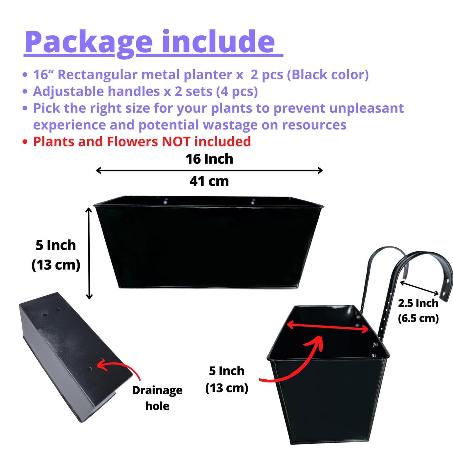 LaLaGreen Rail Planters (16 Inch, 2 Pack) Black Metal Rectangle Plants Boxes Hanging Flower Pots Patio Decor Apartment Balcony Outdoor Planter Deck Railing Fence Rail Decorations Garden Baskets Pot
