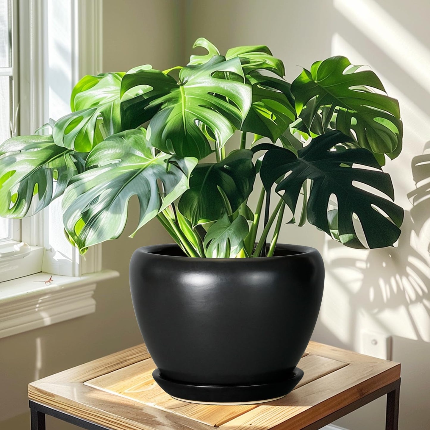 Ceramicfor Ceramic Pot for Plants - 10 Inch Plant Pot Indoor with Drainage Hole and Saucer Large Planter Decorative Planter Modern Outdoor Flower Pot for House Balcony Black