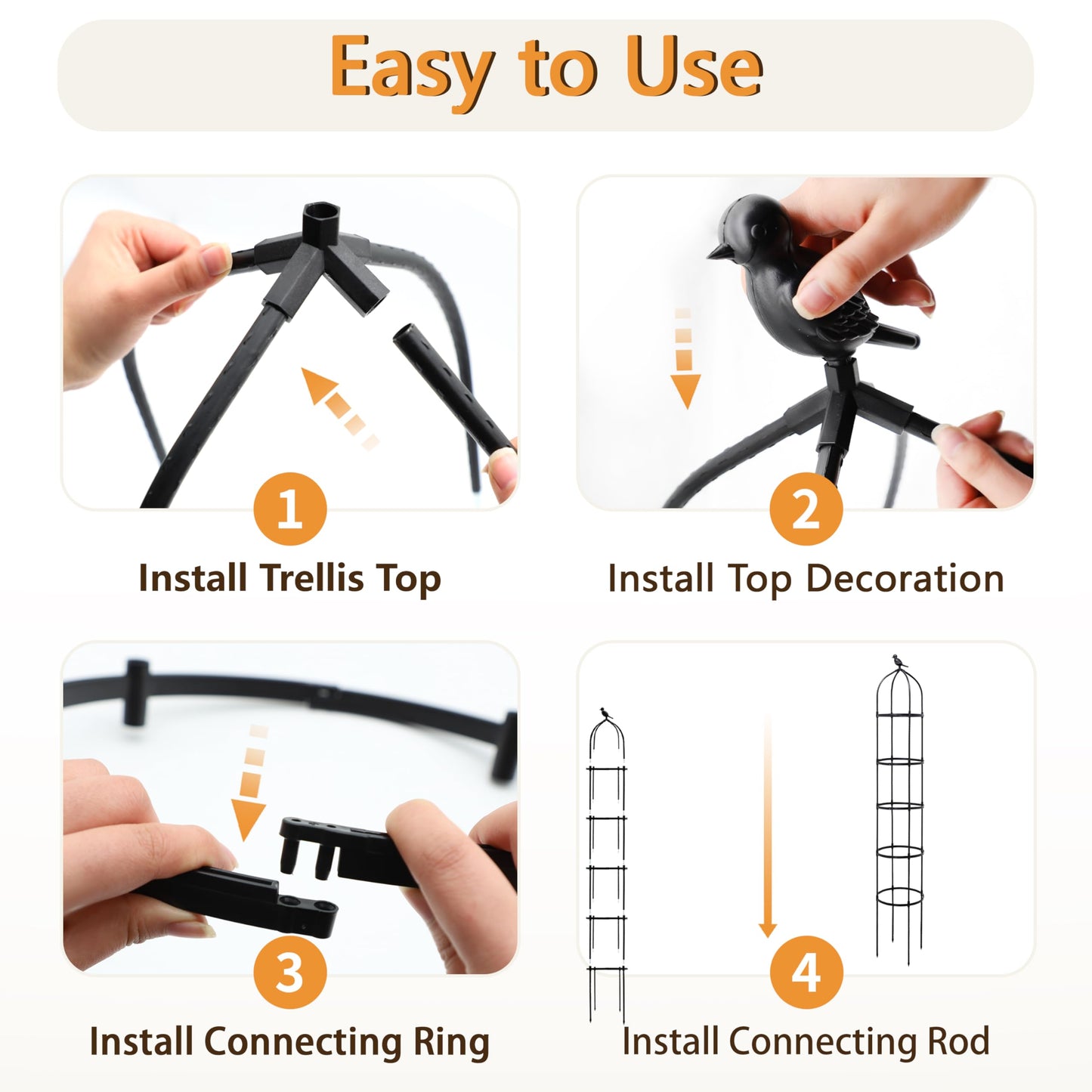 SORANGEUN 1 Pack Garden Obelisk Trellis for Climbing Plants Outdoor, 6.7FT Adjustable Metal Plant Support with 3 Decorative Tops, Black Rustproof Trellis for Roses, Tomatoes, Clematis & Vines