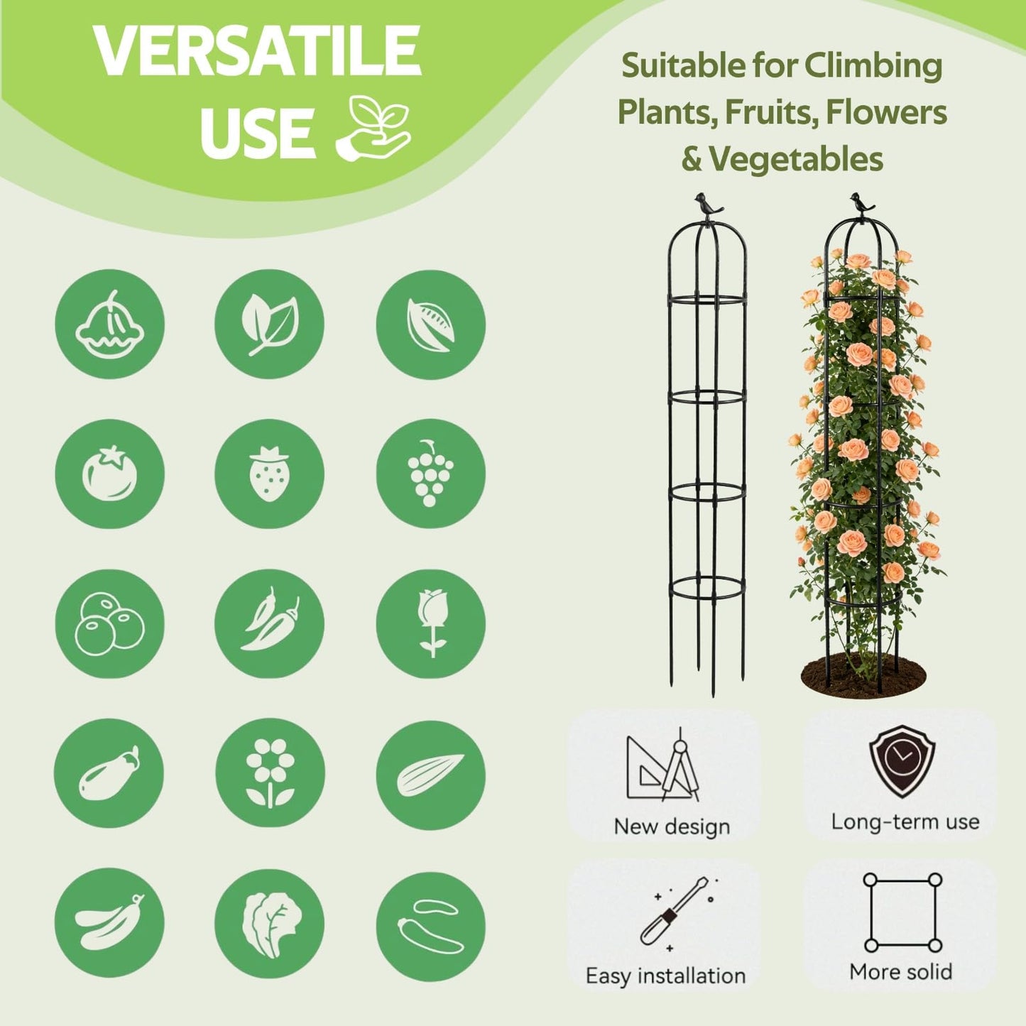 Jesosia 2 Pack Obelisk Trellis for Climbing Plants Outdoor - Heavy Duty Plastic Coated Steel Garden Arch Metal Trellis - Rustproof Tomato Cage Vertical Plant Support for Vines Vegetable Flower Indoor