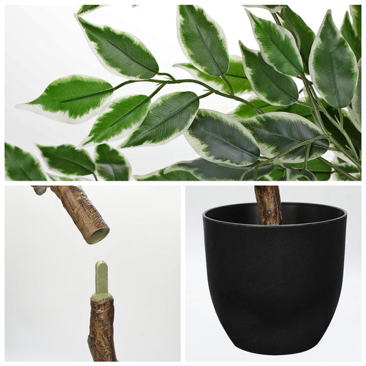 4Ft Ficus Tree Artificial Plants Indoor with Realistic Trunk, Tall Fake Potted Tree Faux Floor Plant, Artificial Tree in Pot for Home Living Room Office Bedroom Corner Decor(Green White)