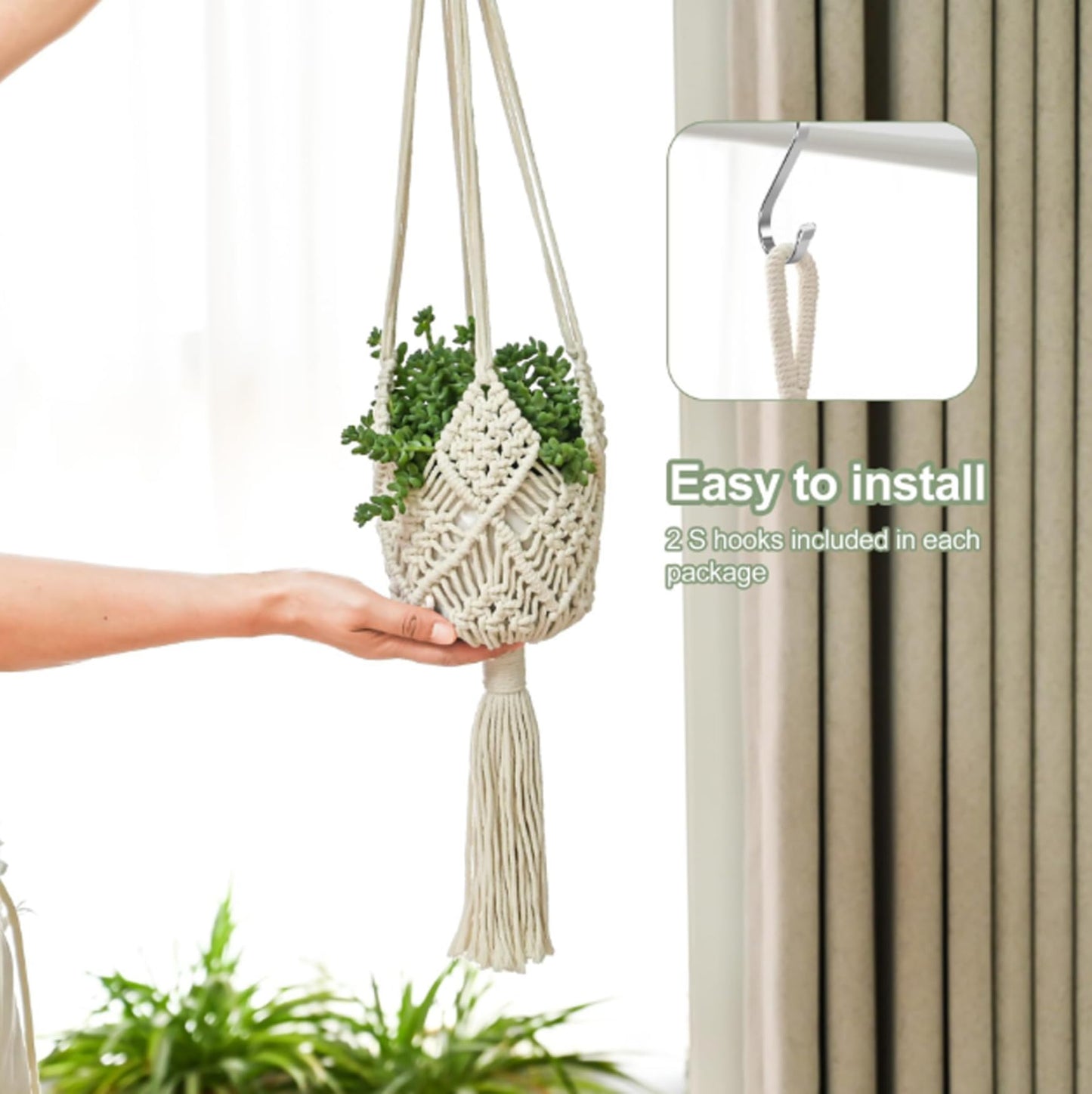 Faroby 2 Pack Macrame Plant Hangers Indoor, 35 Inch Boho Handwoven Cotton Rope Hanging Plant Holder with Tassel for Home Decor White, Hangers Indoor