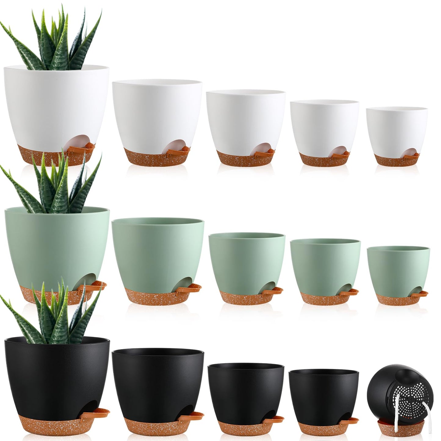 Remerry 15 Pcs 7/6.5/6/ 5.5/5 Inch Self Watering Planters with Drainage Hole Plant Pots Plastic Flower Pots Indoor Plant Pots Self Watering Pots and Saucer Reservoir for Indoor Outdoor Plant Flower