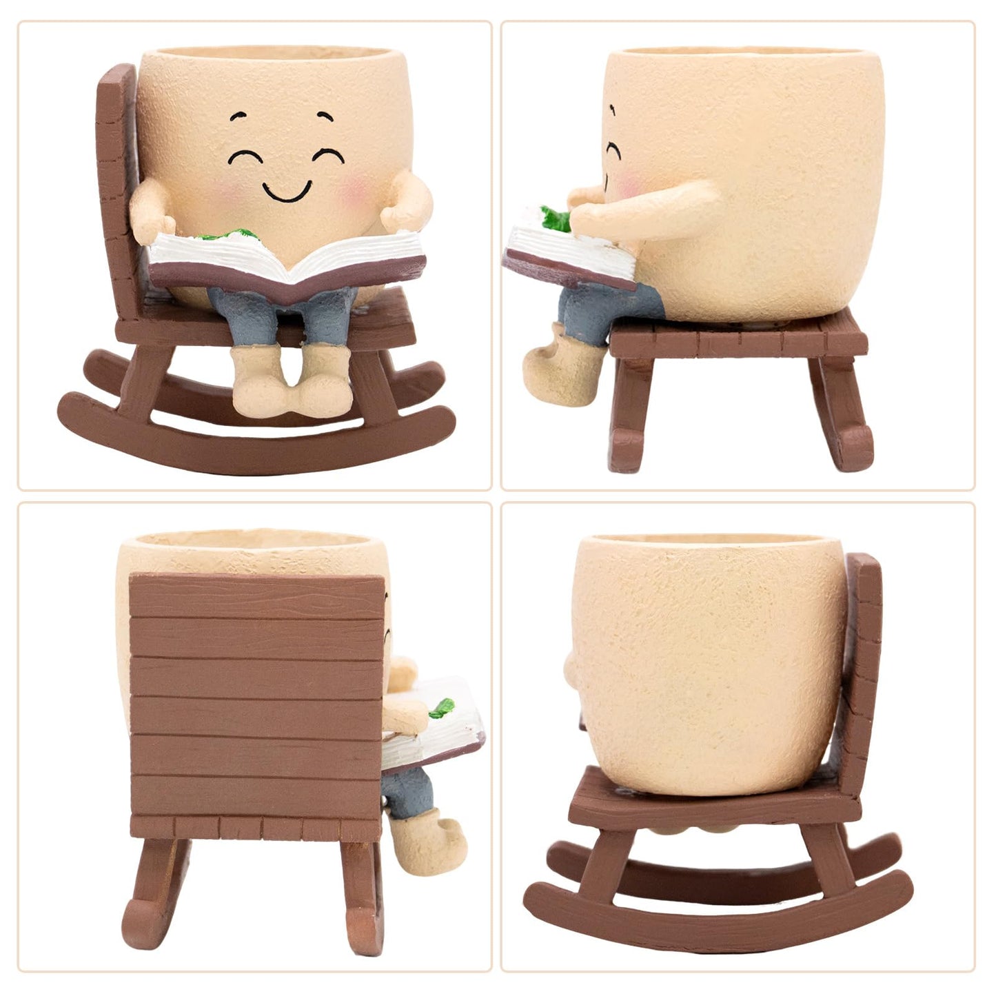 Toparad Smily Face Rocking Chair Reading Book Planter Pots with Drainage Hole, Cute Resin Flower Head Succulent Planters for Indoor Plants, Gift IdeaI for Mother Birthday Christmas